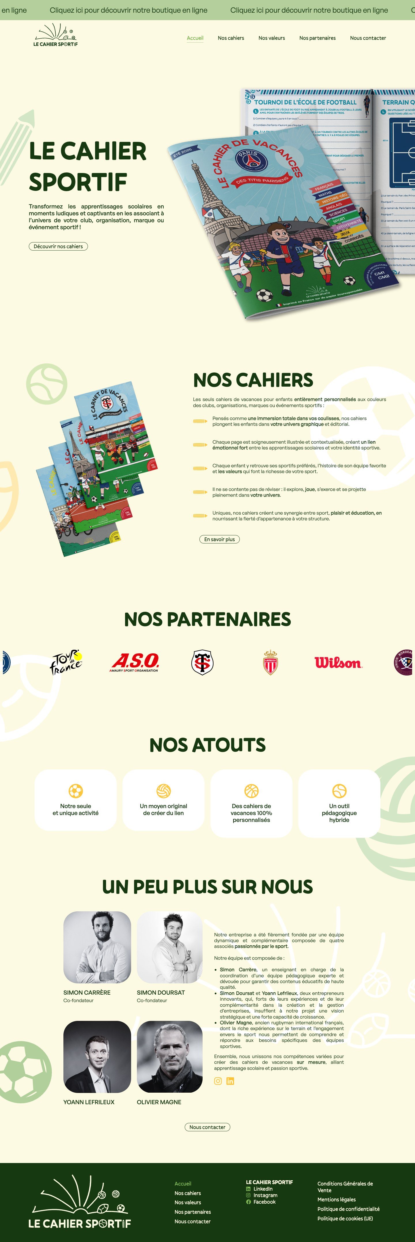 Le Cahier Sportif : page d’accueil complète sur ordinateur