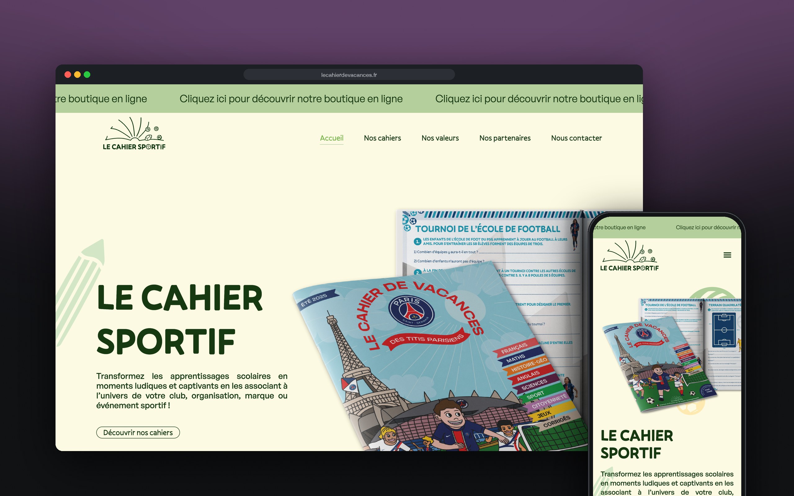 Le Cahier Sportif : site présenté sur ordinateur et mobile