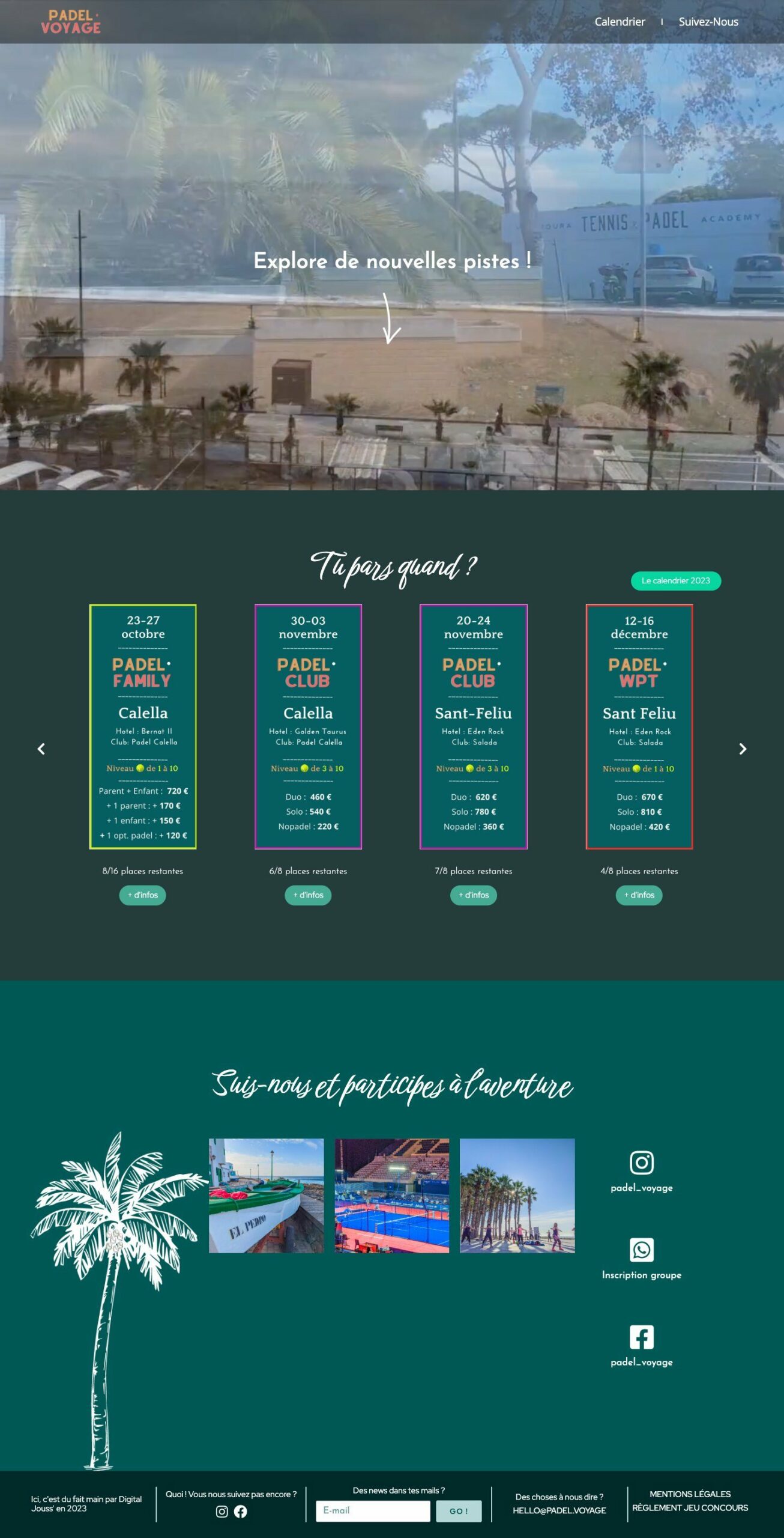 Padel Voyage : page d’accueil complète sur ordinateur