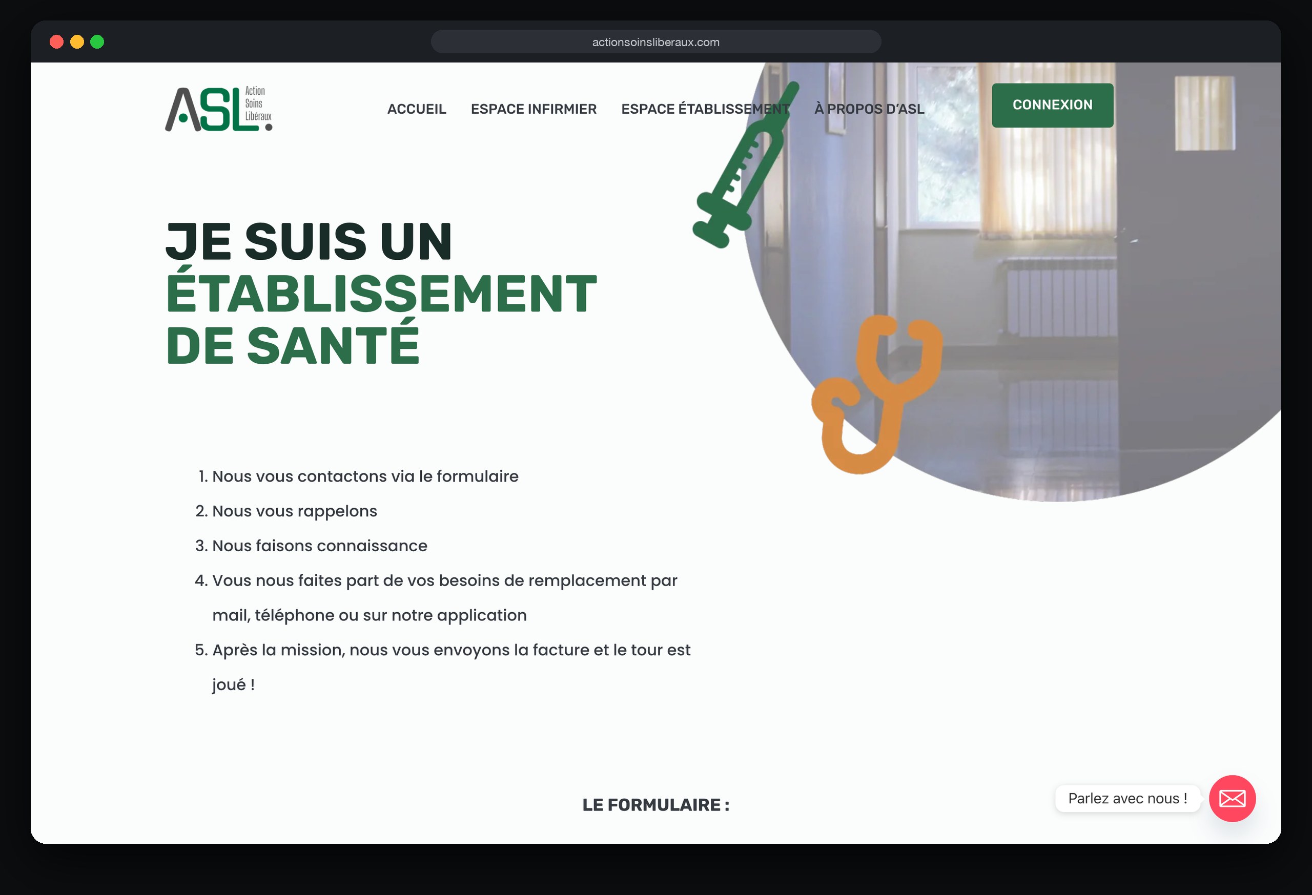 Action Soins Libéraux : page Espace etablissement