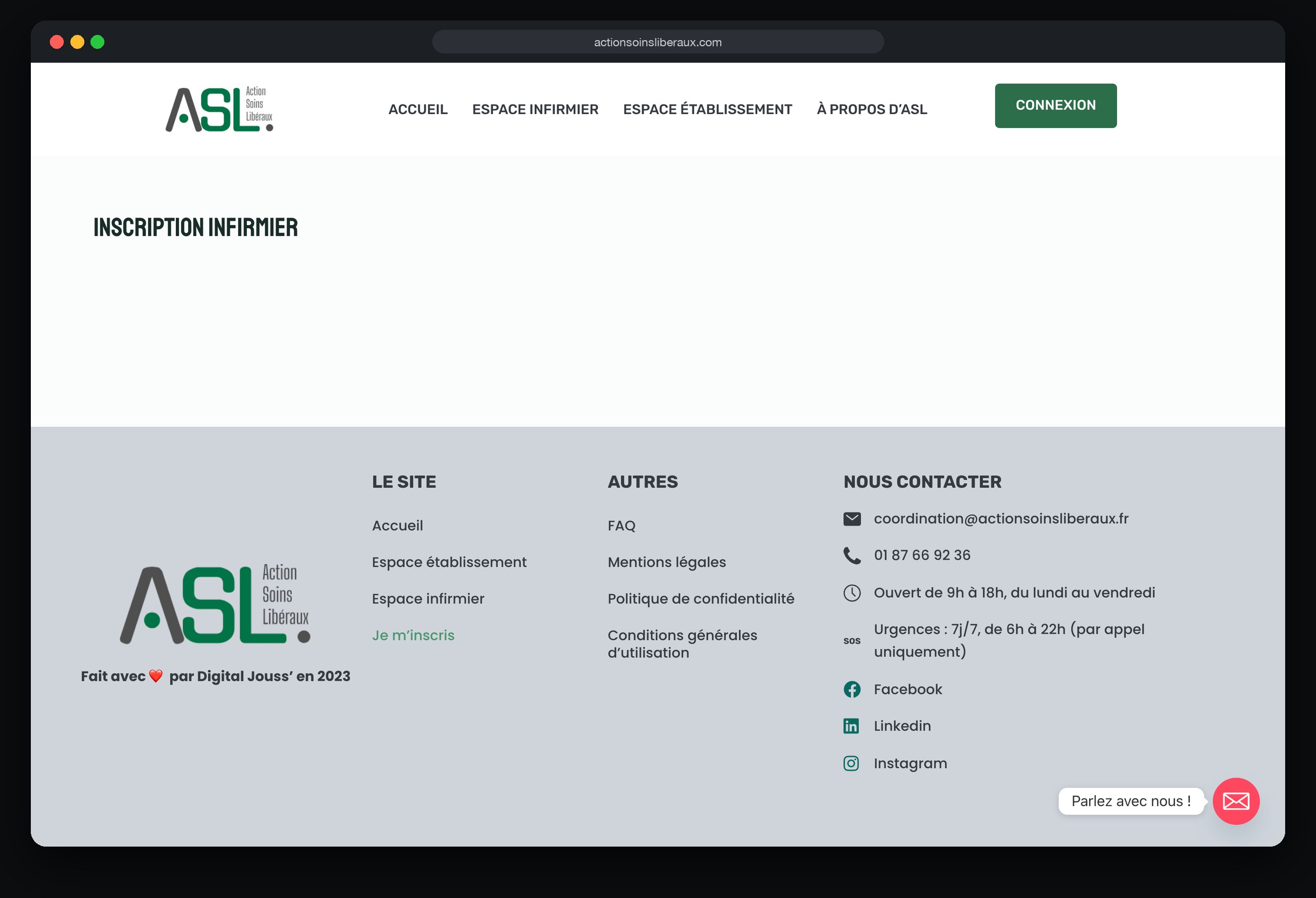 Action Soins Libéraux : page Inscription infirmier