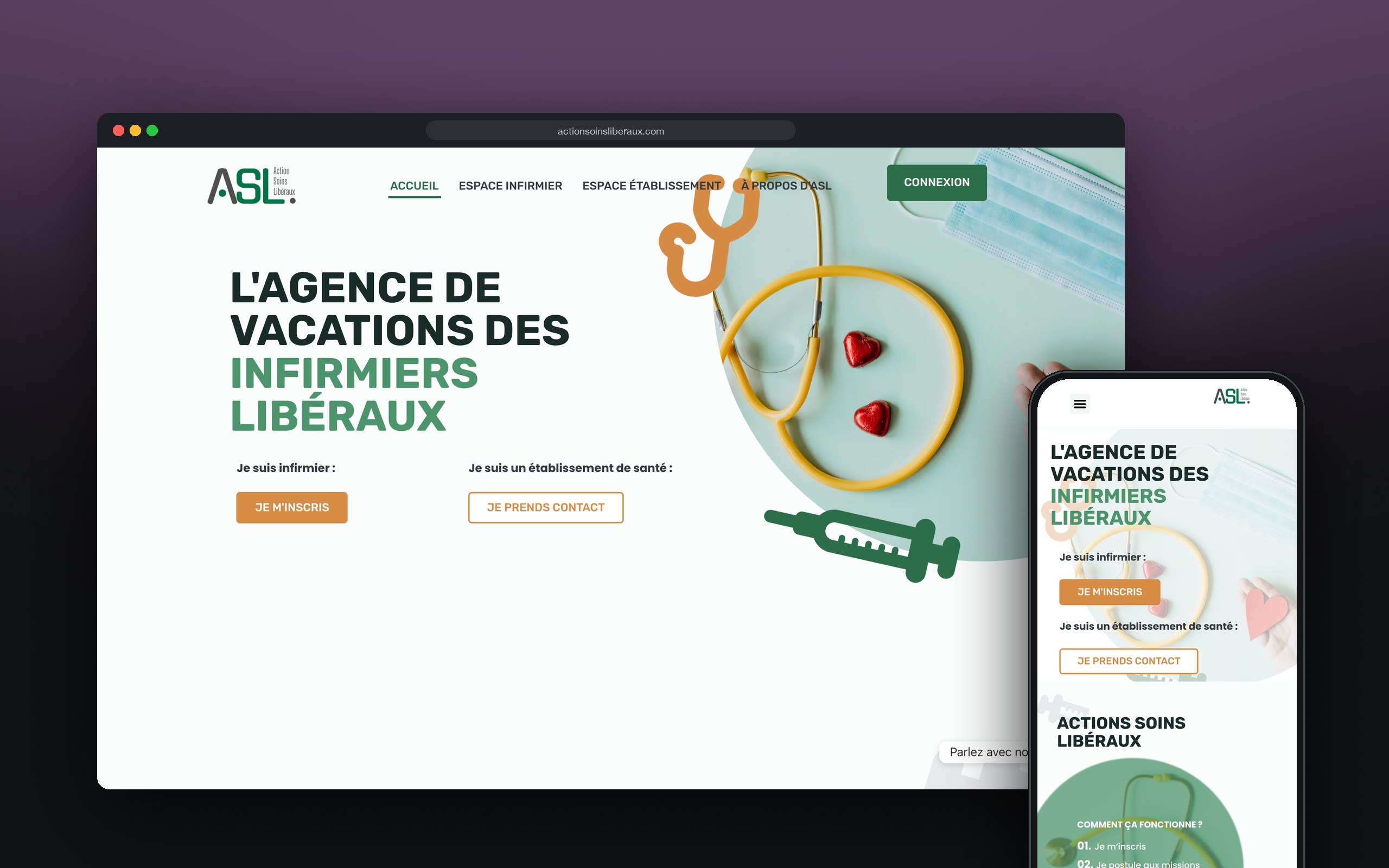 Action Soins Libéraux : site présenté sur ordinateur et mobile
