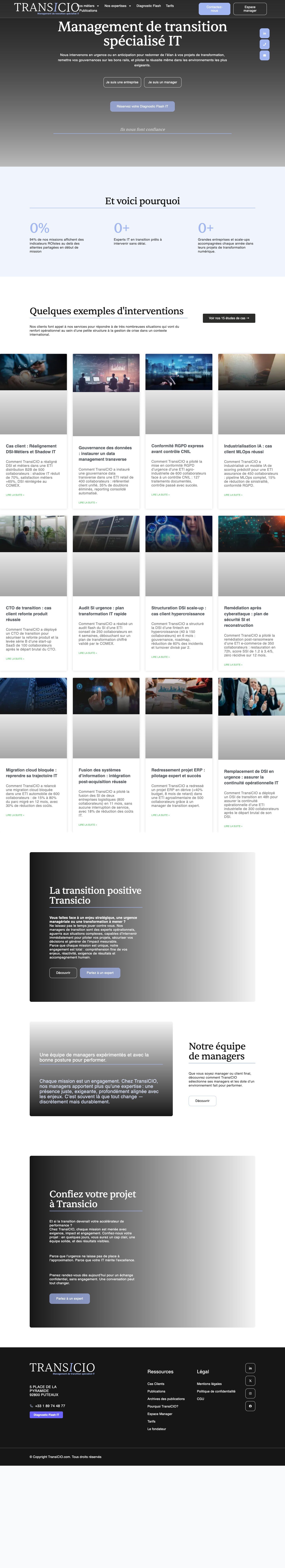 Transicio : page d’accueil complète sur ordinateur