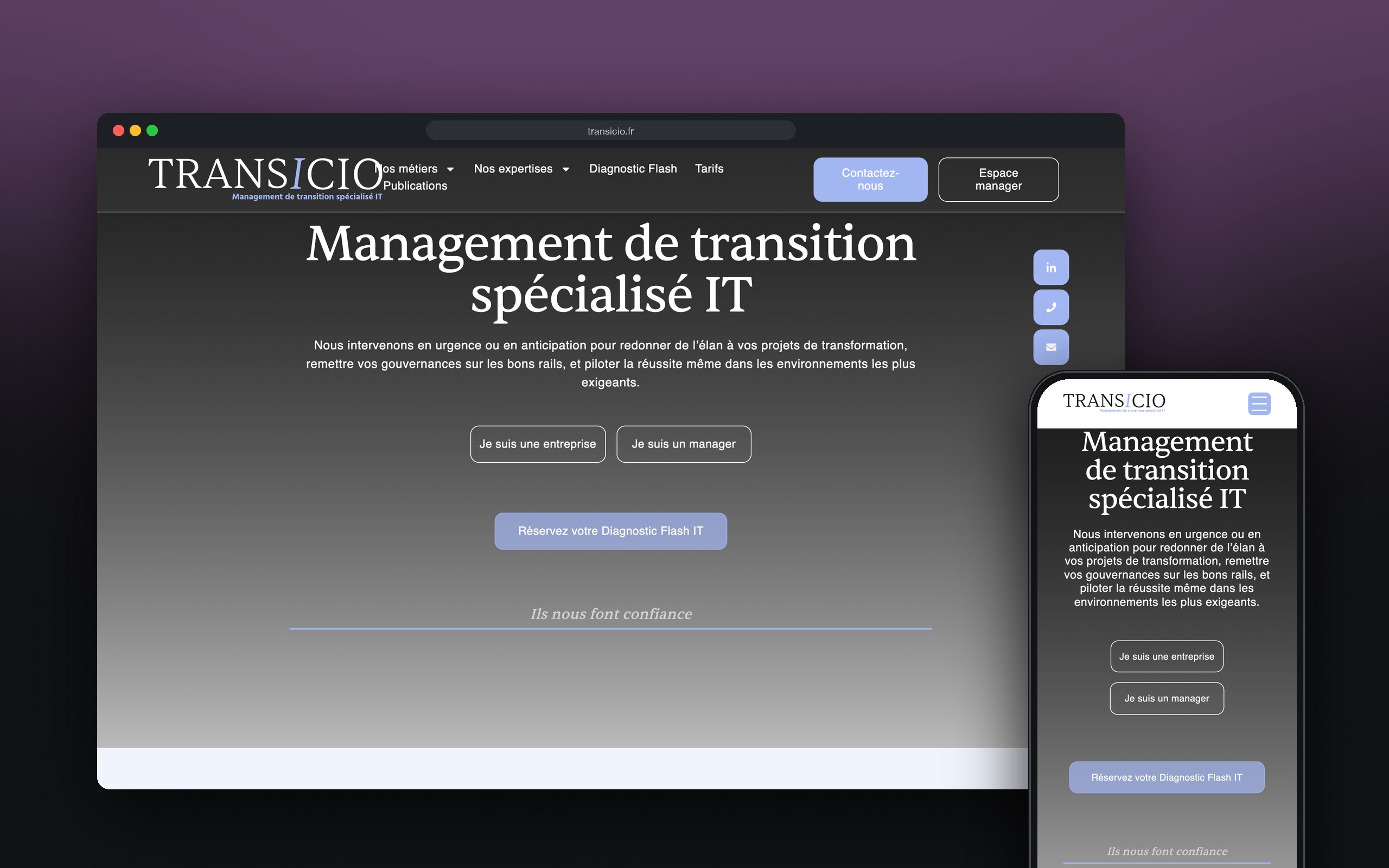 Transicio : site présenté sur ordinateur et mobile