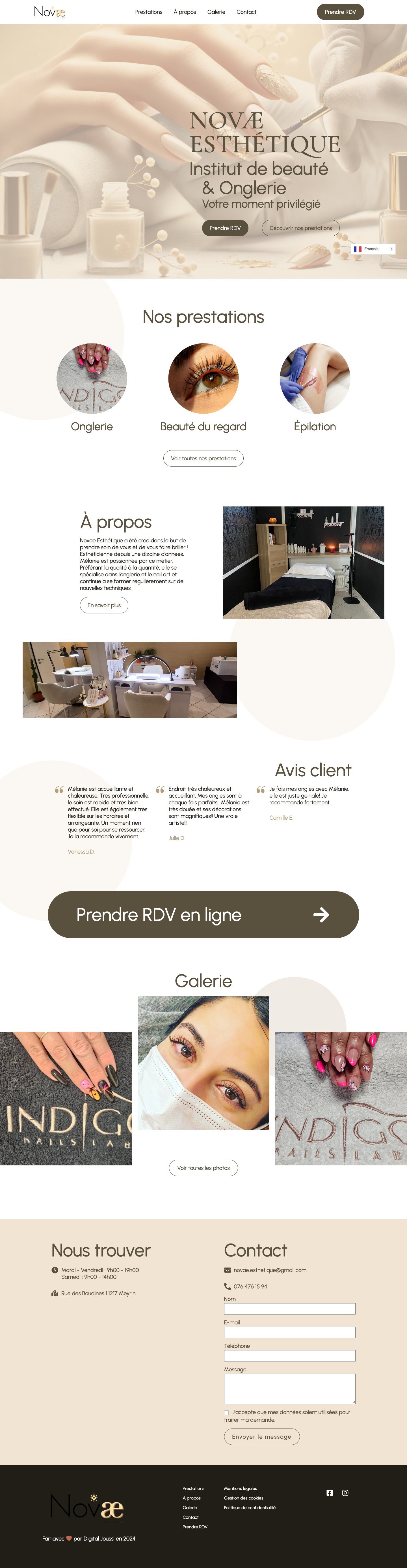Novae Esthétique : page d’accueil complète sur ordinateur
