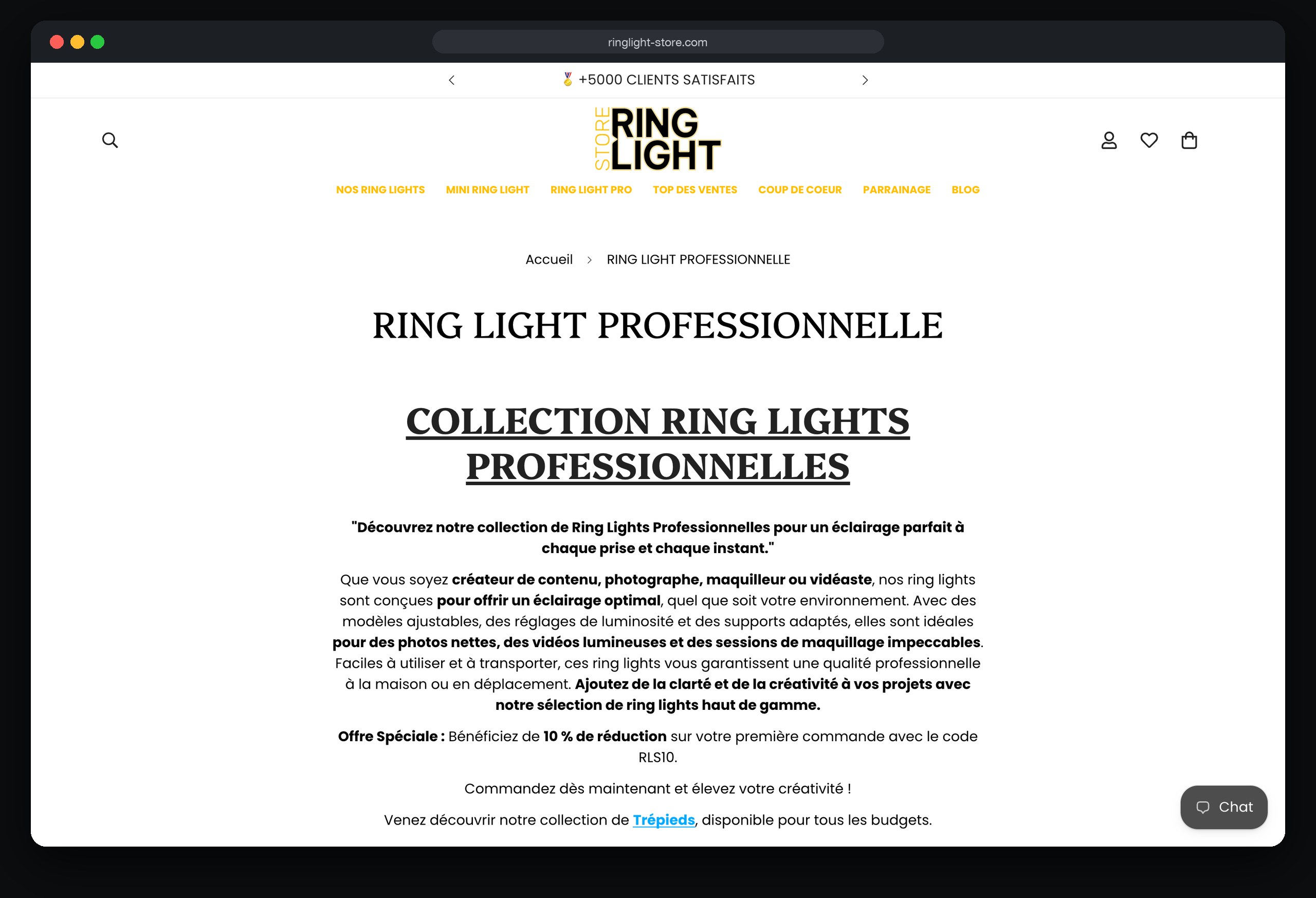 Ring Light Store : page Ring light professionnelle