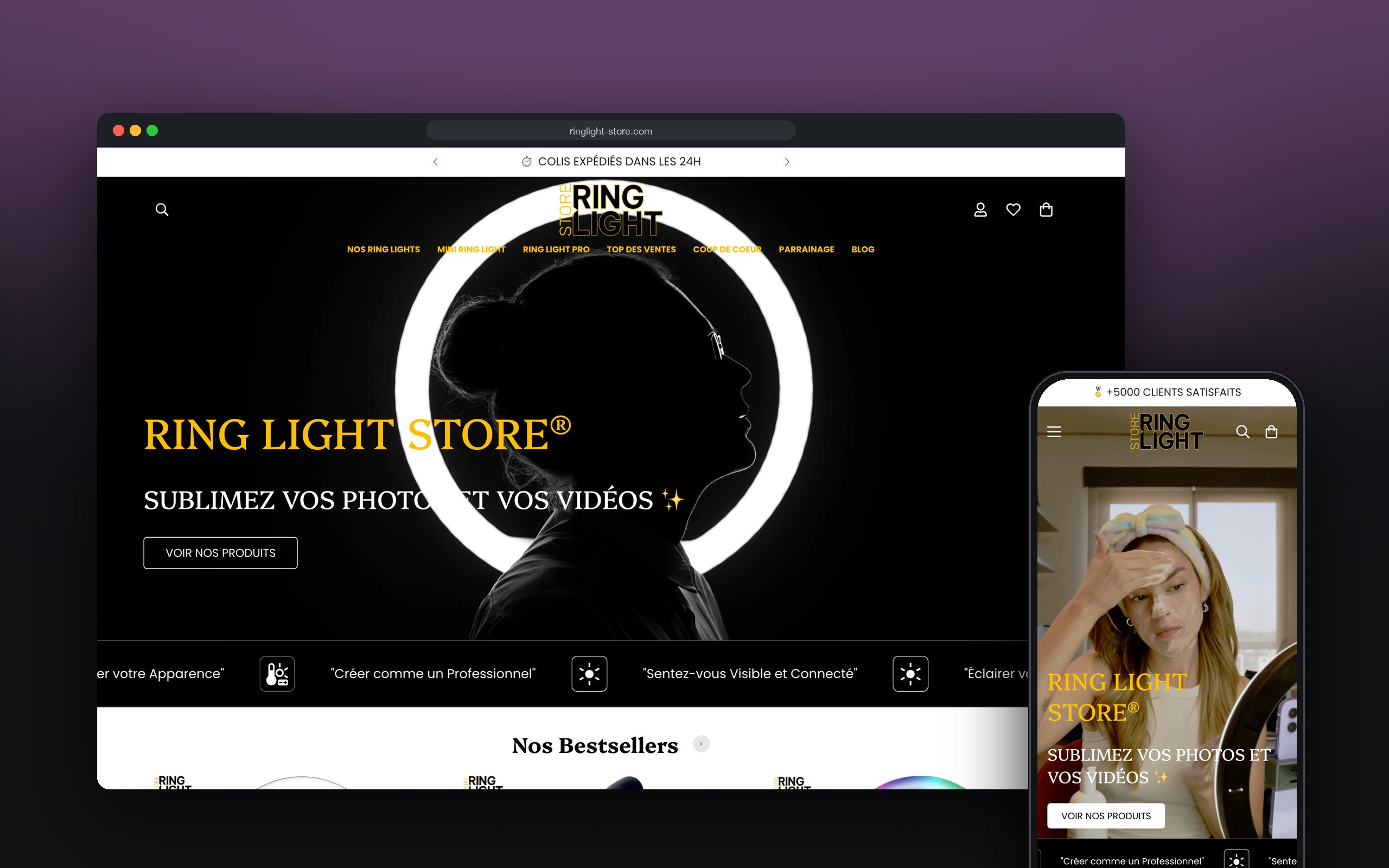 Ring Light Store : site présenté sur ordinateur et mobile