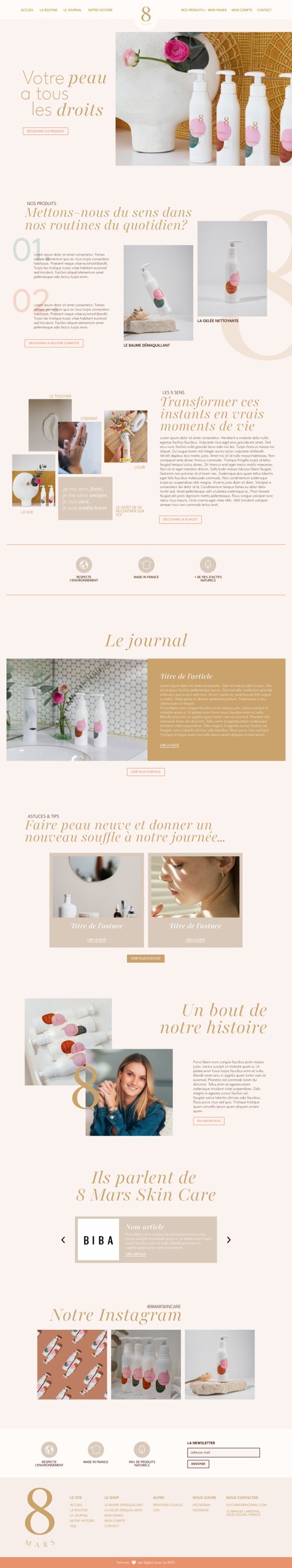 8 Mars Skincare — page d'accueil complète : produits, routine, journal et histoire