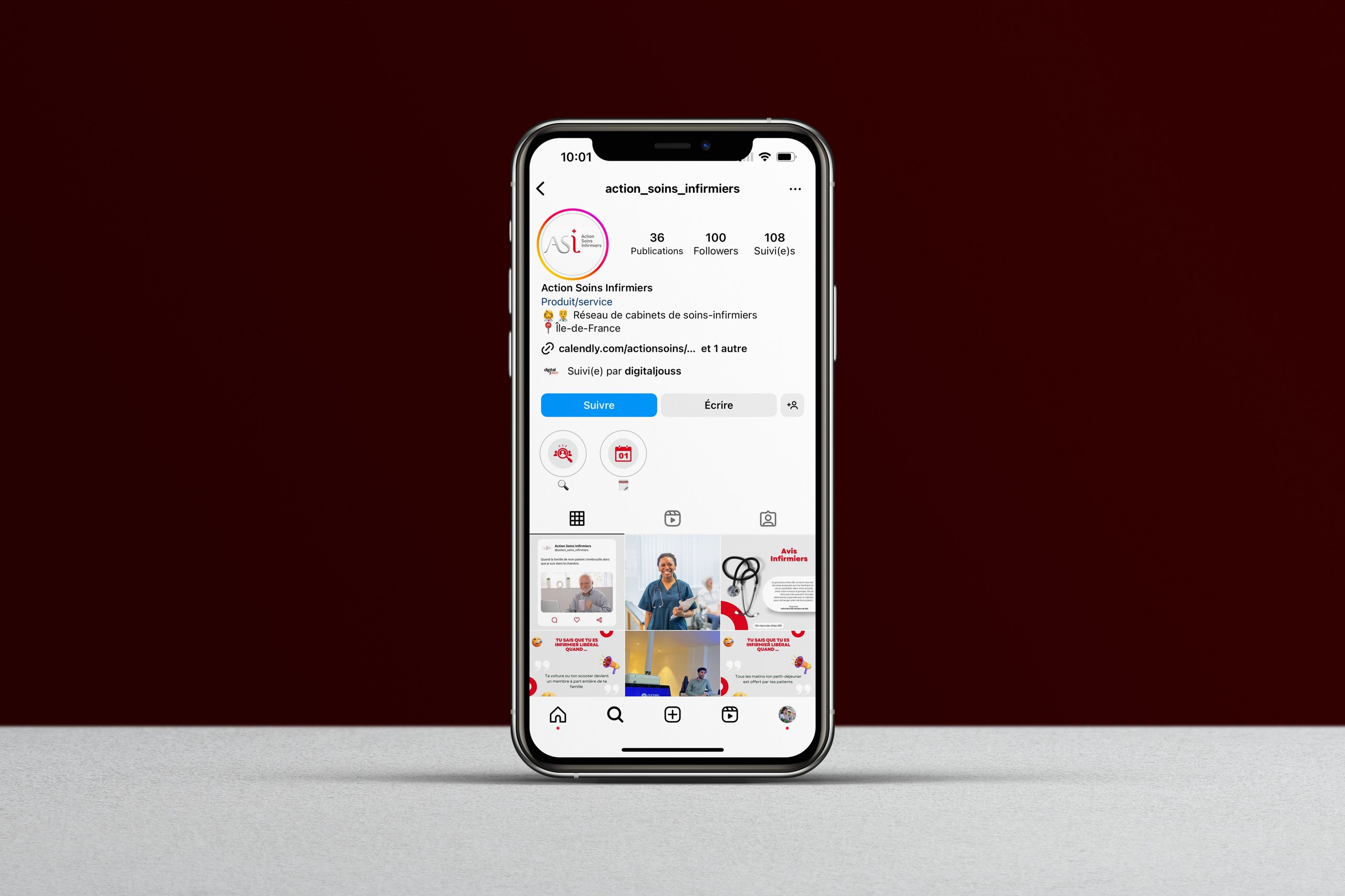 Action Soins Infirmiers — profil Instagram action_soins_infirmiers sur fond bordeaux