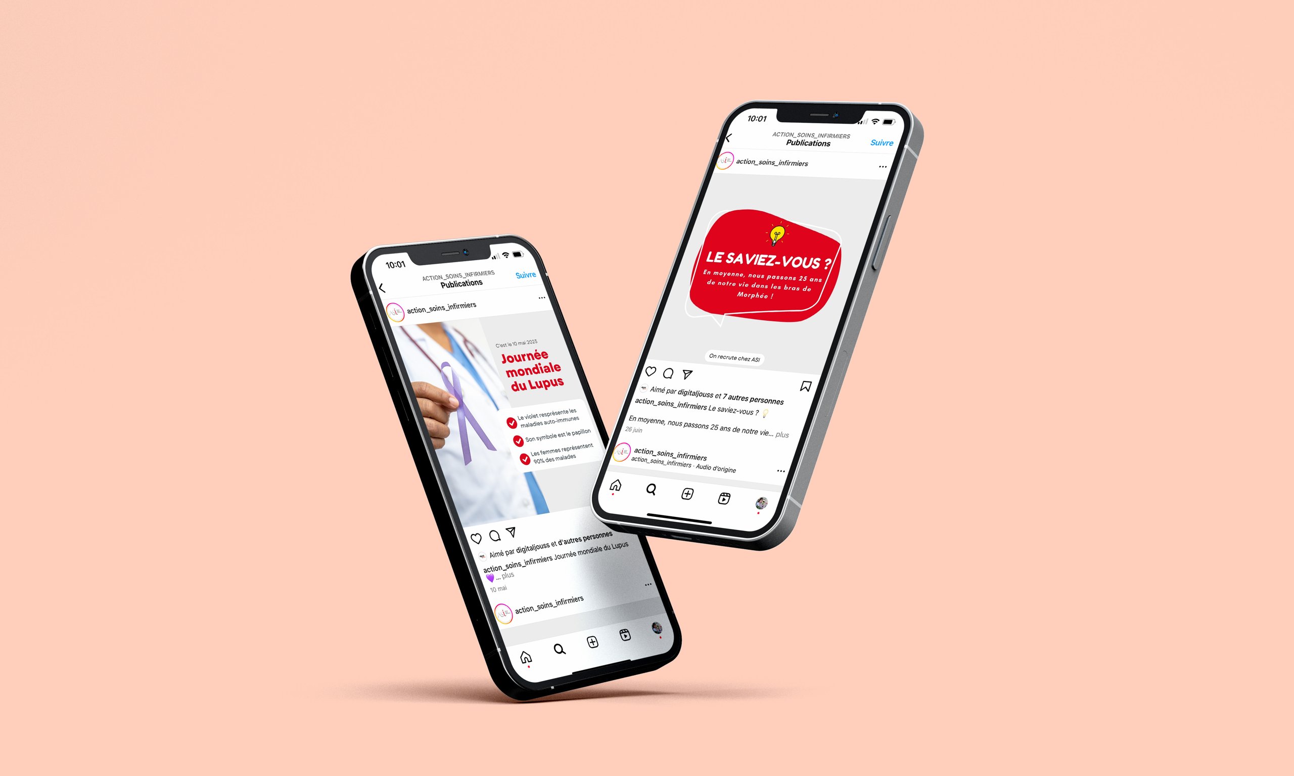 Action Soins Infirmiers — publications de recrutement et de conseils sur fond saumon