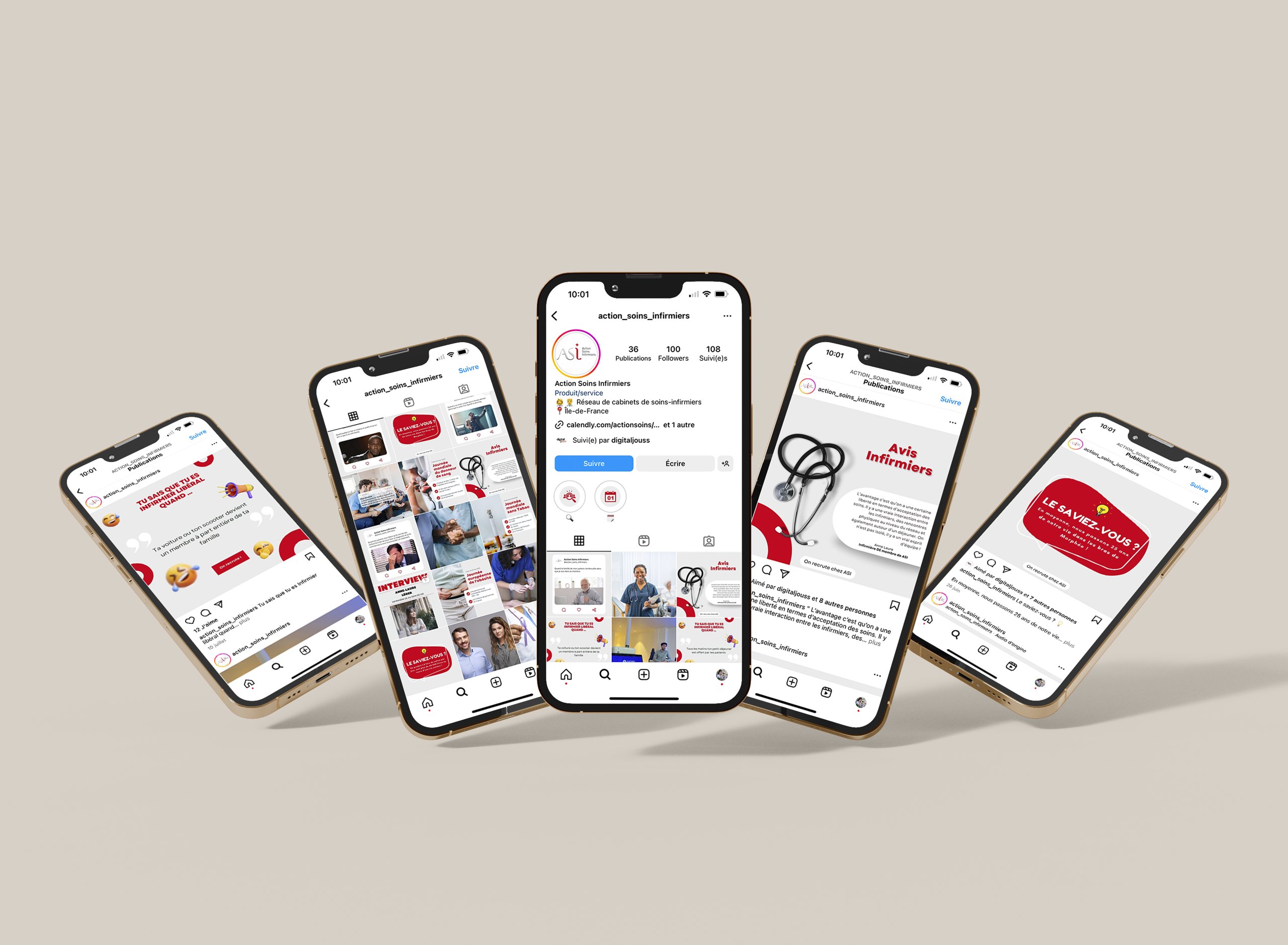 Action Soins Infirmiers — cinq smartphones affichant les publications Instagram du réseau