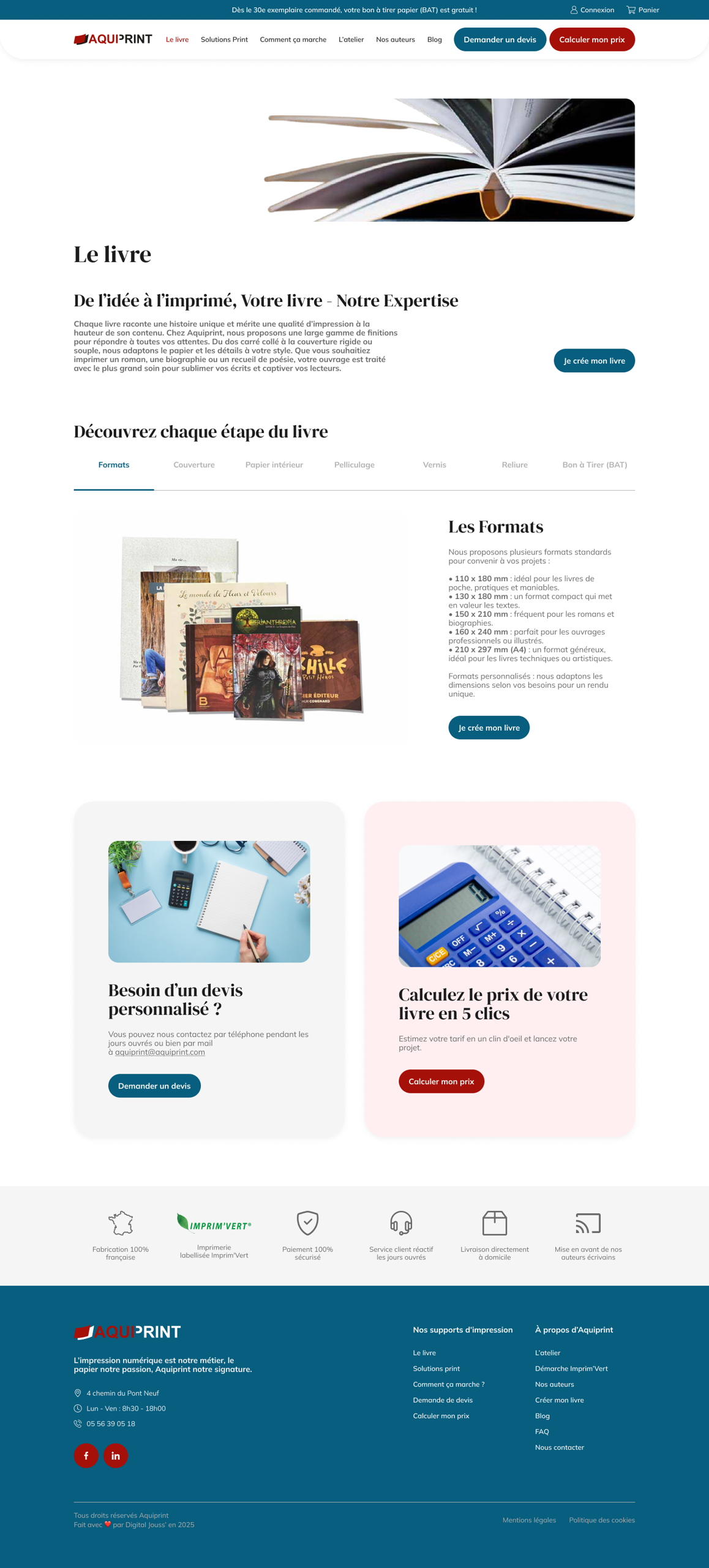 Aquiprint — page Le livre : étapes de fabrication et formats