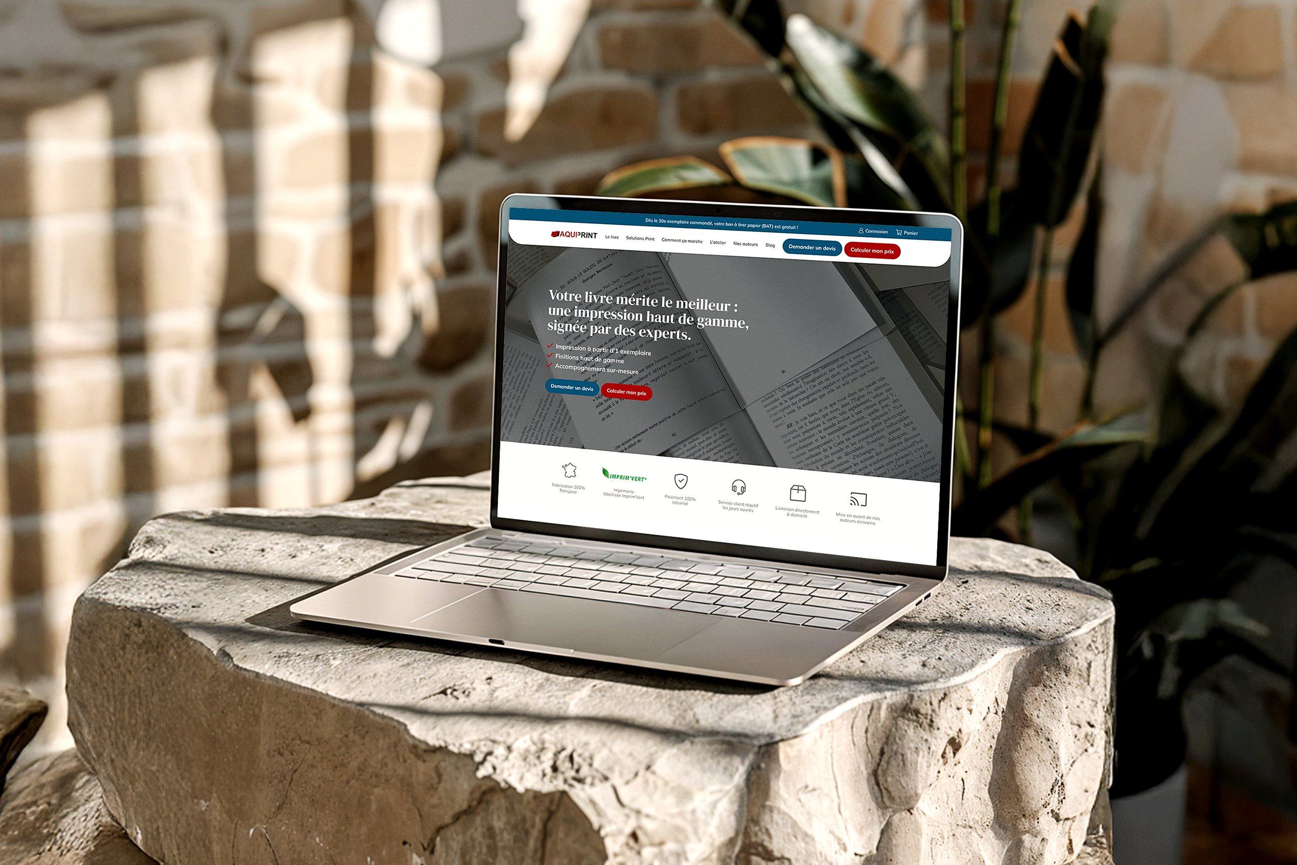 Aquiprint — site affiché sur un ordinateur portable posé sur une pierre