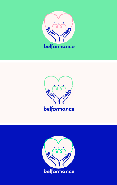 Belformance — déclinaisons du logo sur fonds menthe, blanc et bleu
