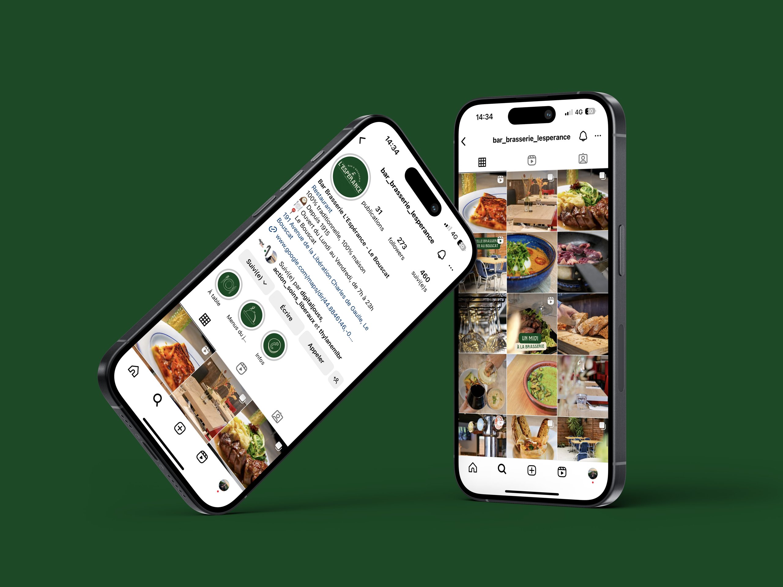 Brasserie l'Espérance — profil et publications de plats sur deux écrans