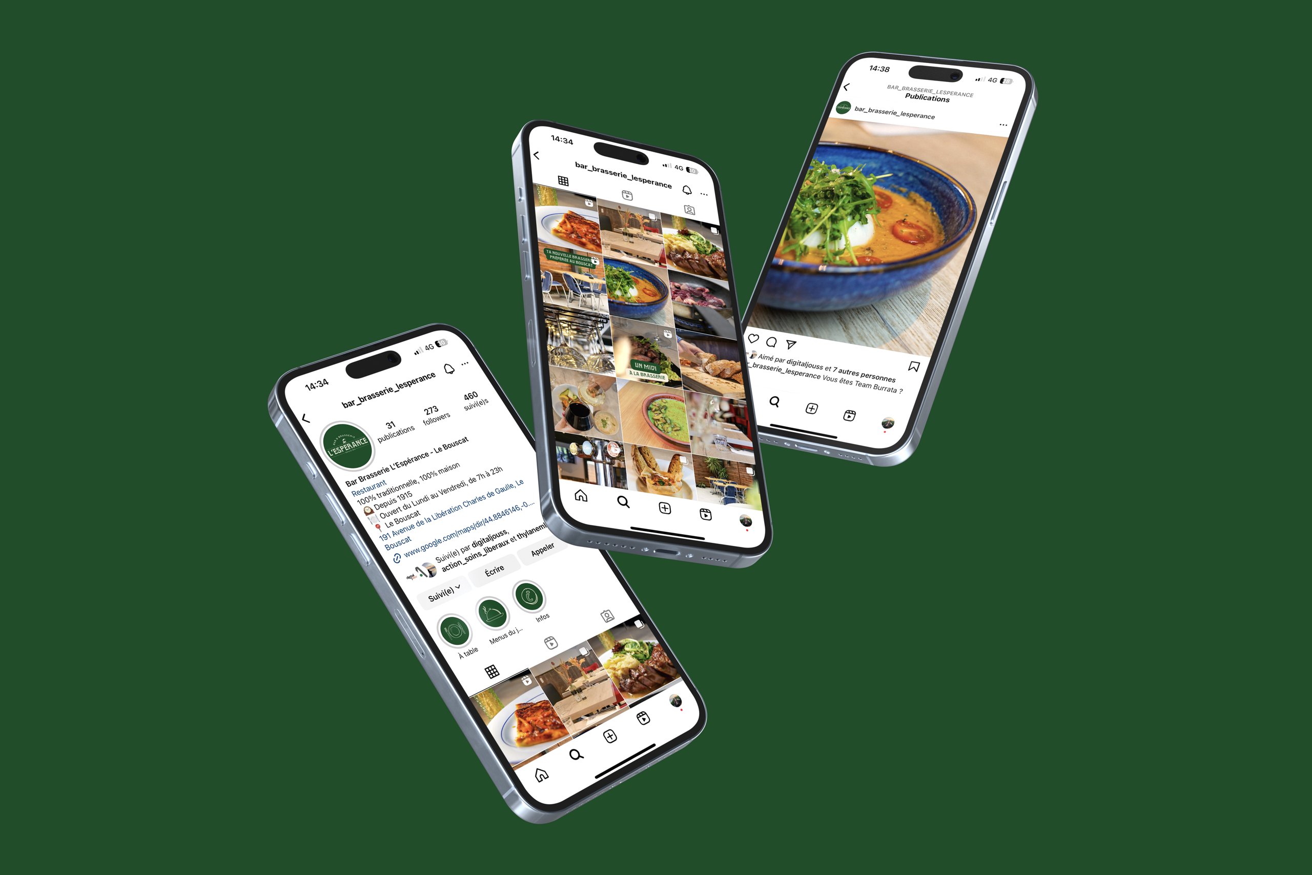 Brasserie l'Espérance — trois smartphones affichant le fil Instagram sur fond vert
