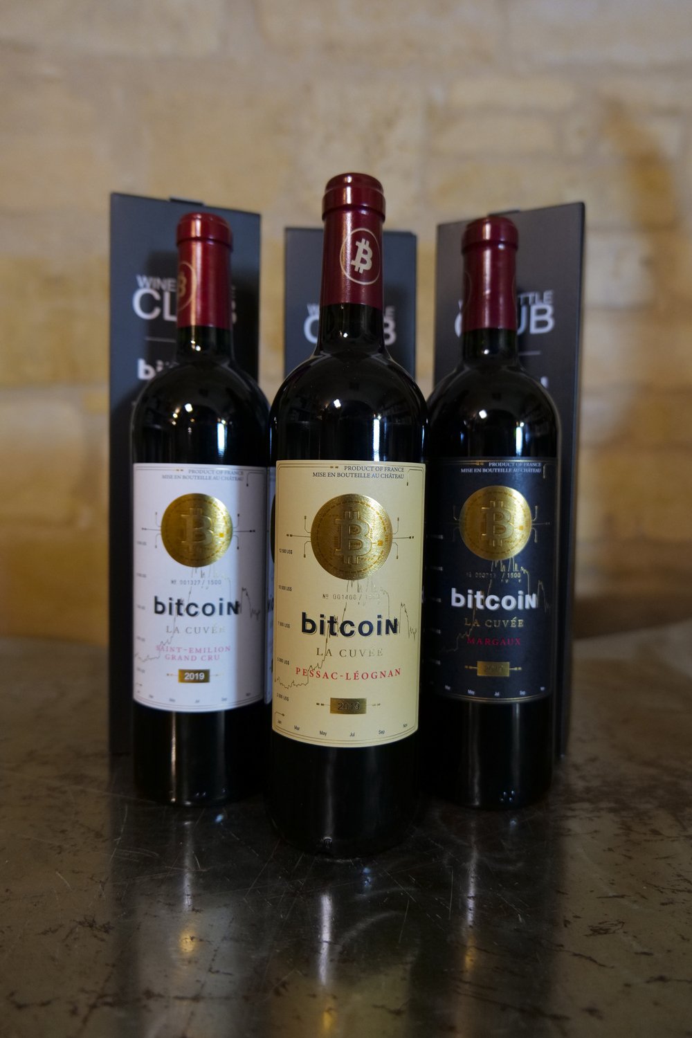 BTC Wine — trois bouteilles de la cuvée bitcoin
