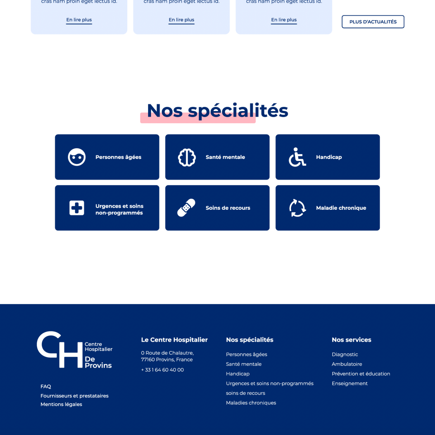 CH de Provins — spécialités et pied de page