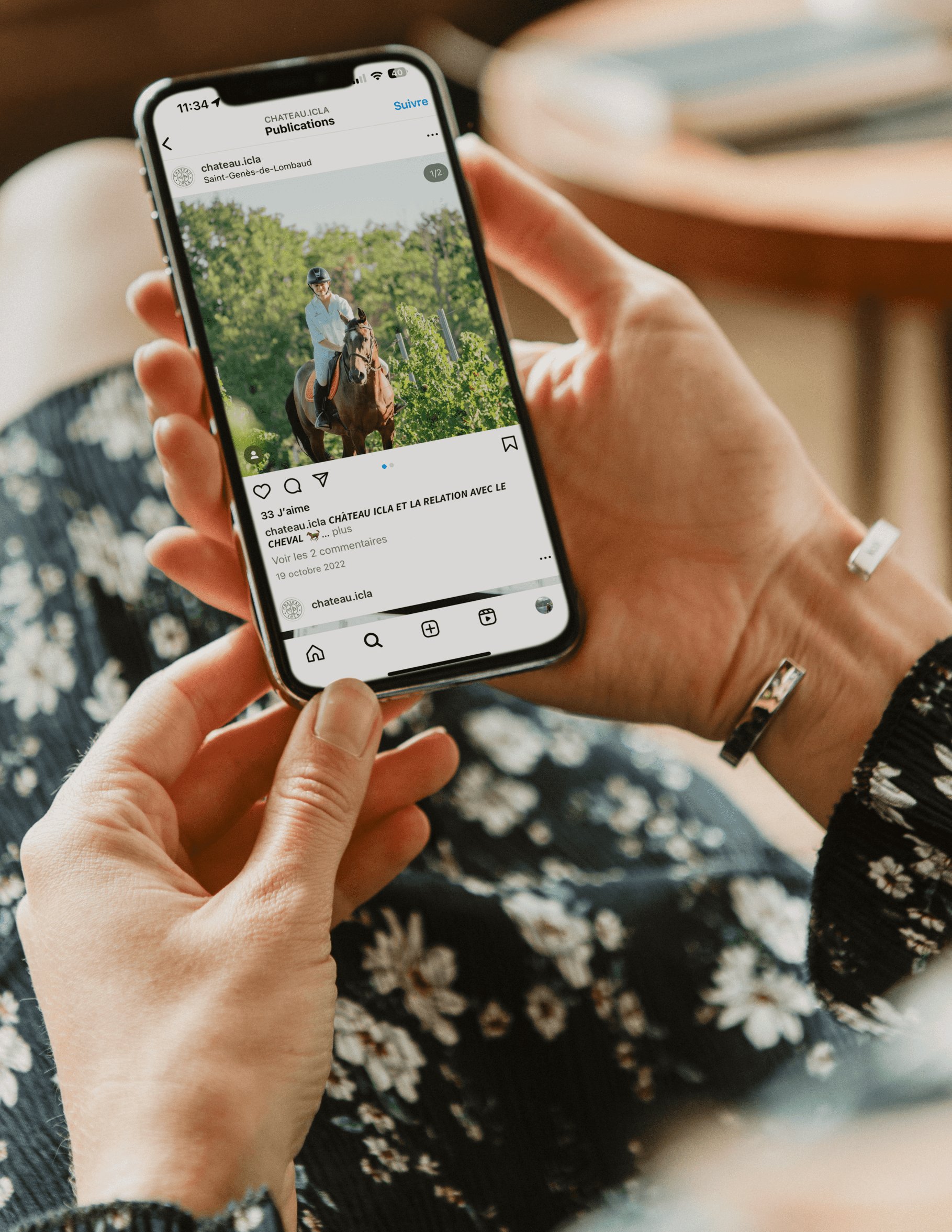 Château Icla — main tenant un téléphone affichant une publication équestre dans les vignes