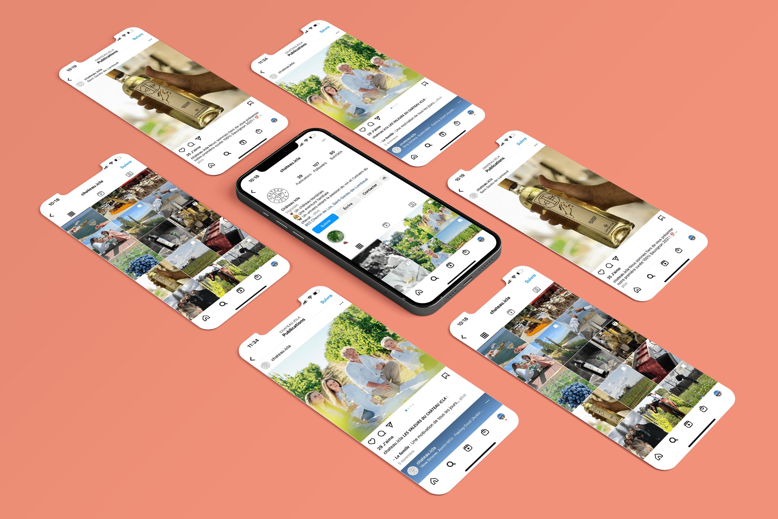 Château Icla — mosaïque de smartphones affichant le fil Instagram sur fond corail