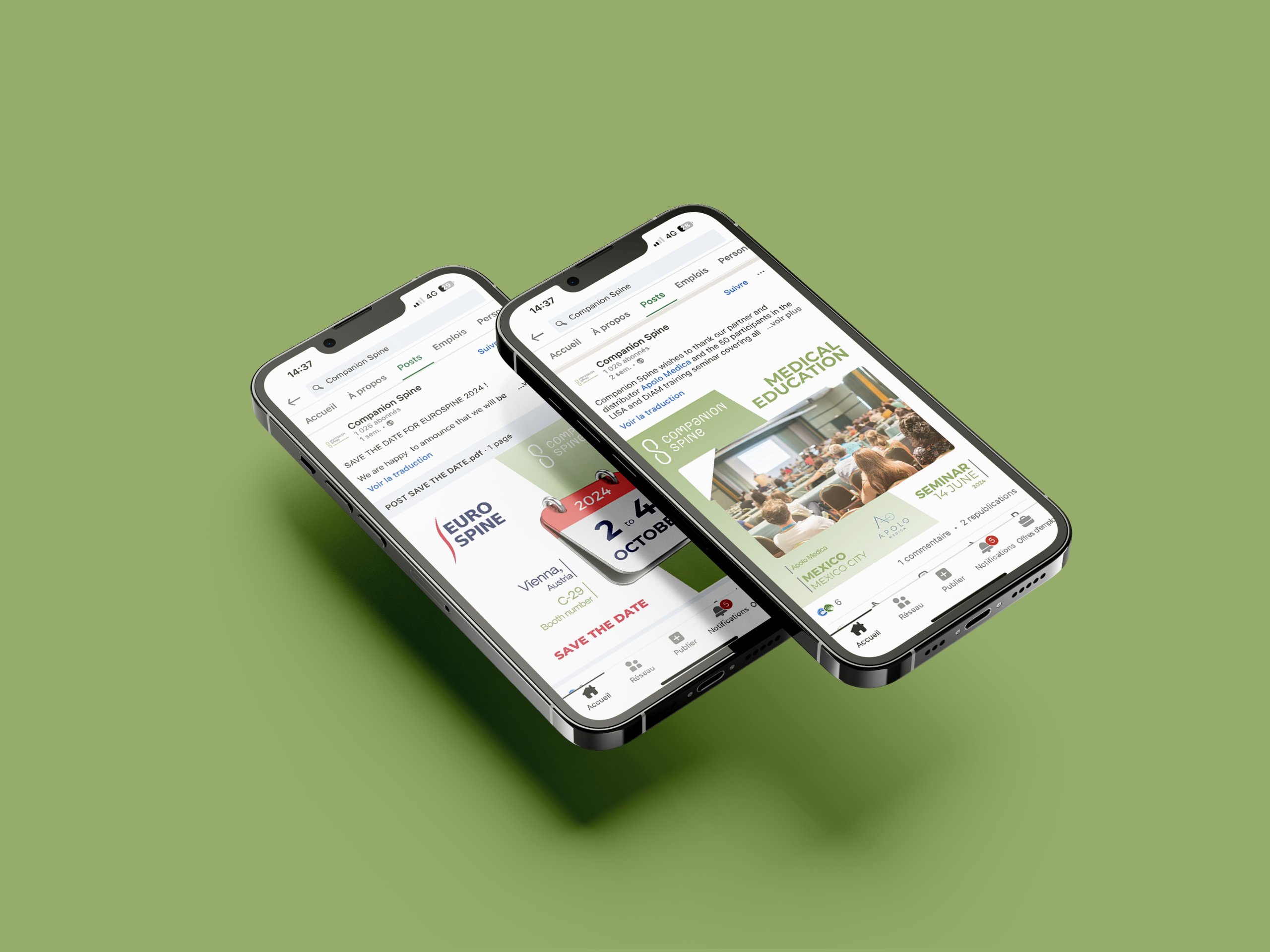 Companion Spine — deux smartphones affichant des publications LinkedIn sur fond vert