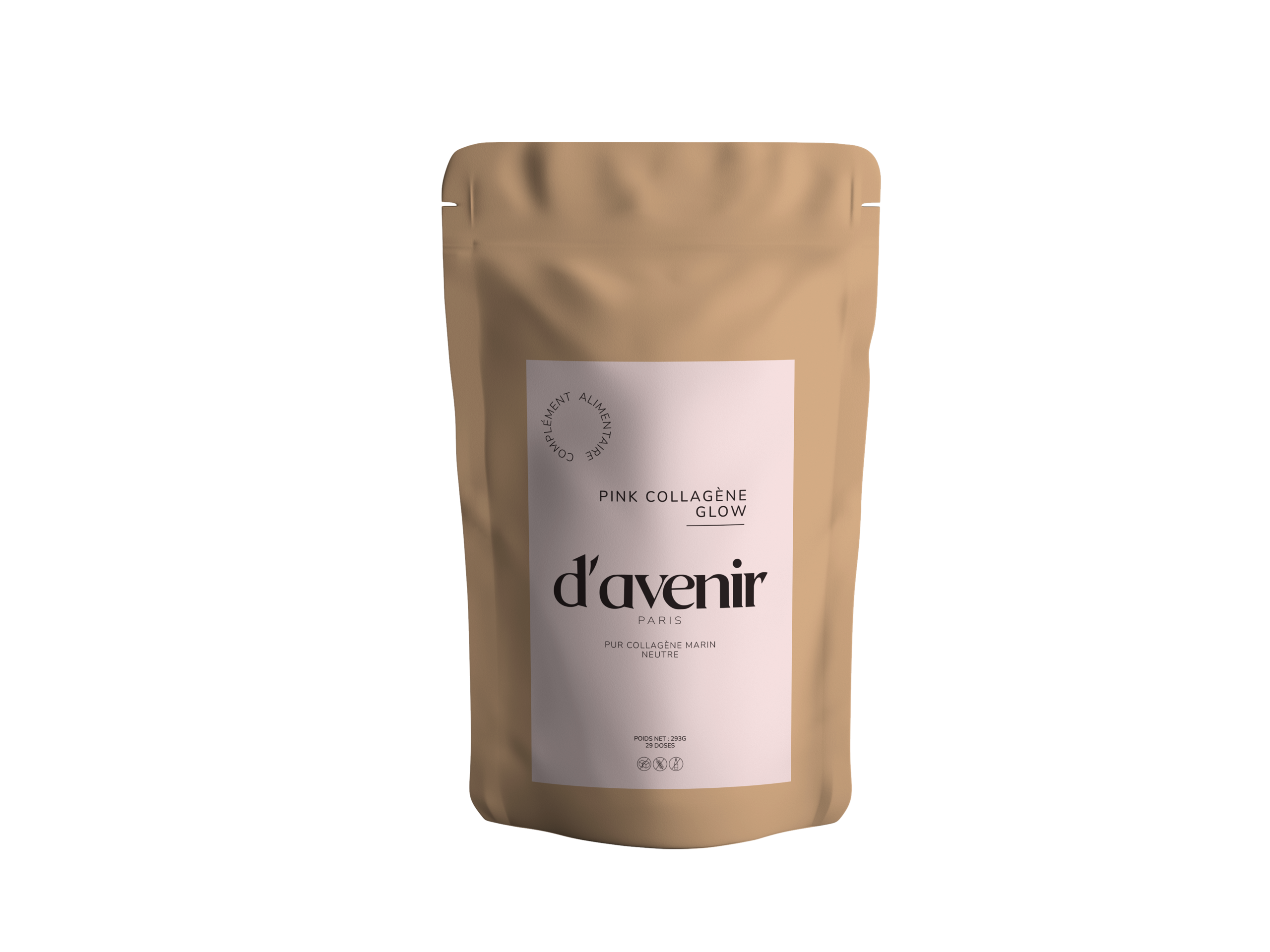 D'avenir Paris — sachet kraft collagène à étiquette rose poudré