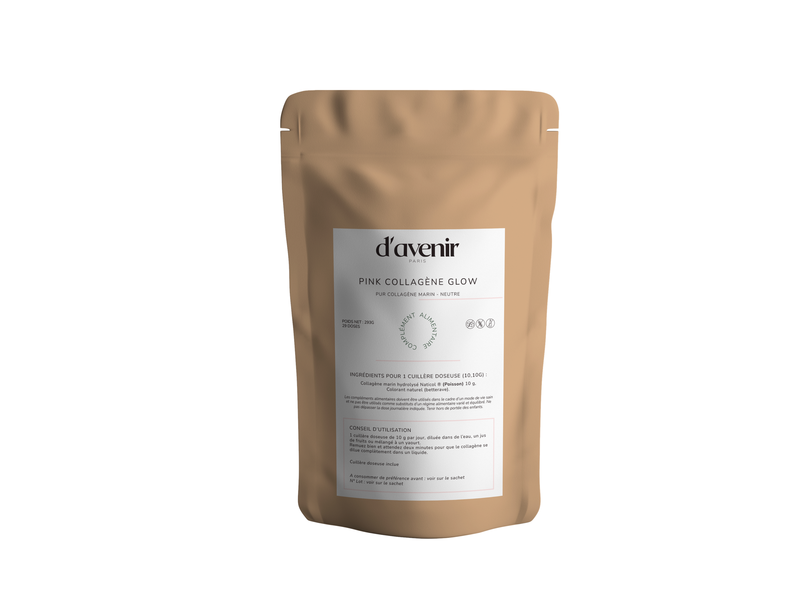 D'avenir Paris — dos d'un sachet kraft avec les informations produit