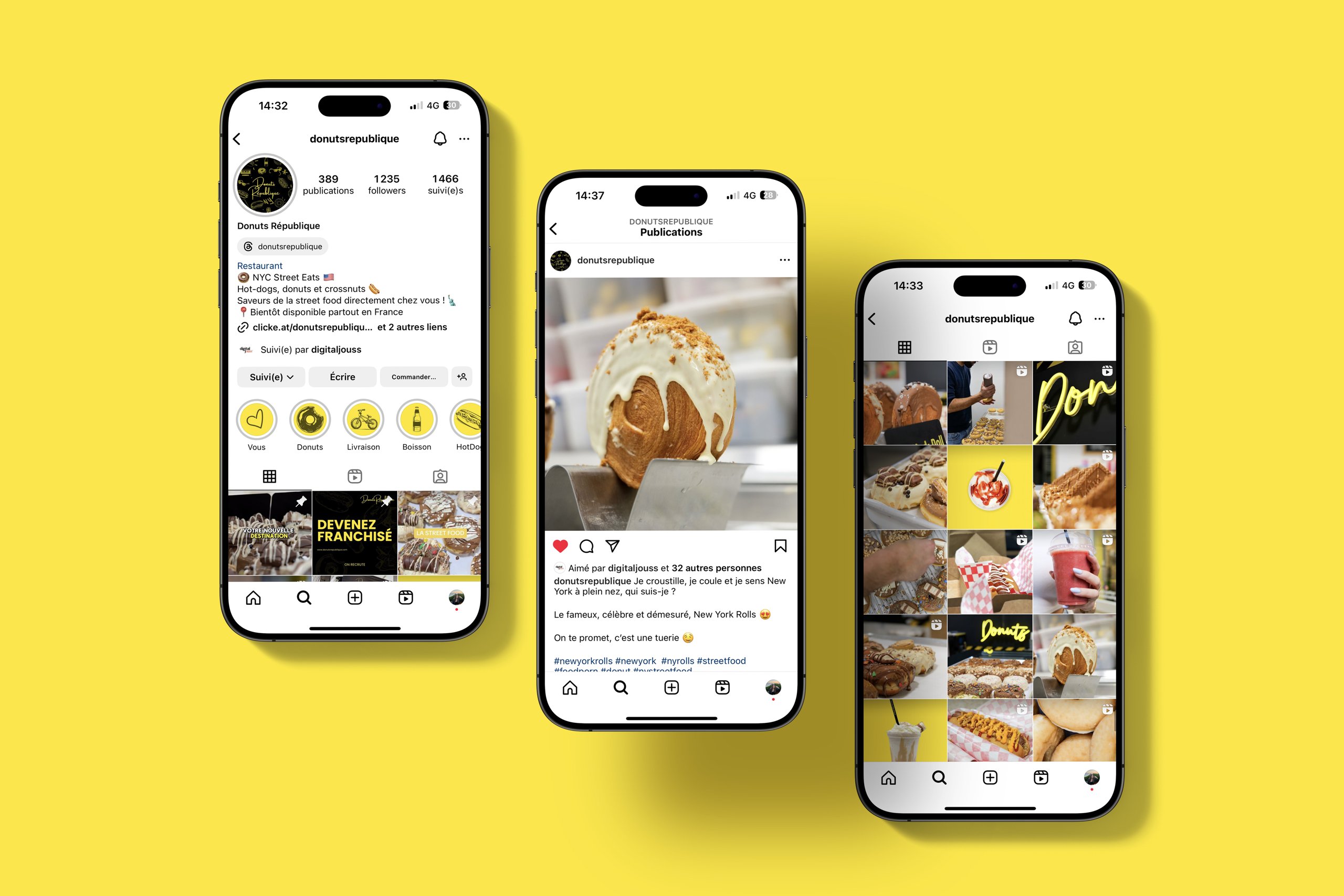 Donut's République — trois écrans présentant profil et publications