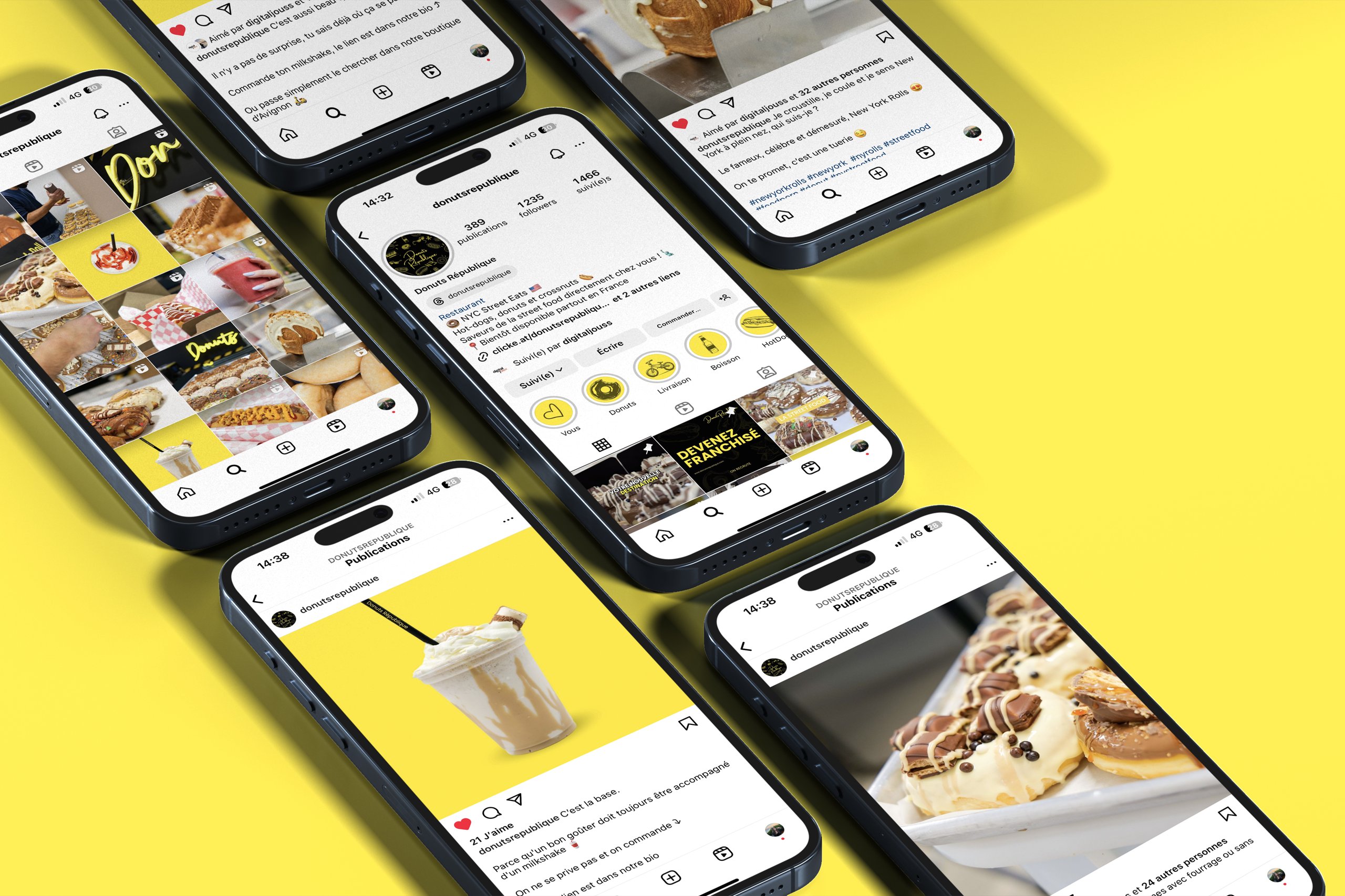 Donut's République — plusieurs smartphones affichant le fil Instagram sur fond jaune