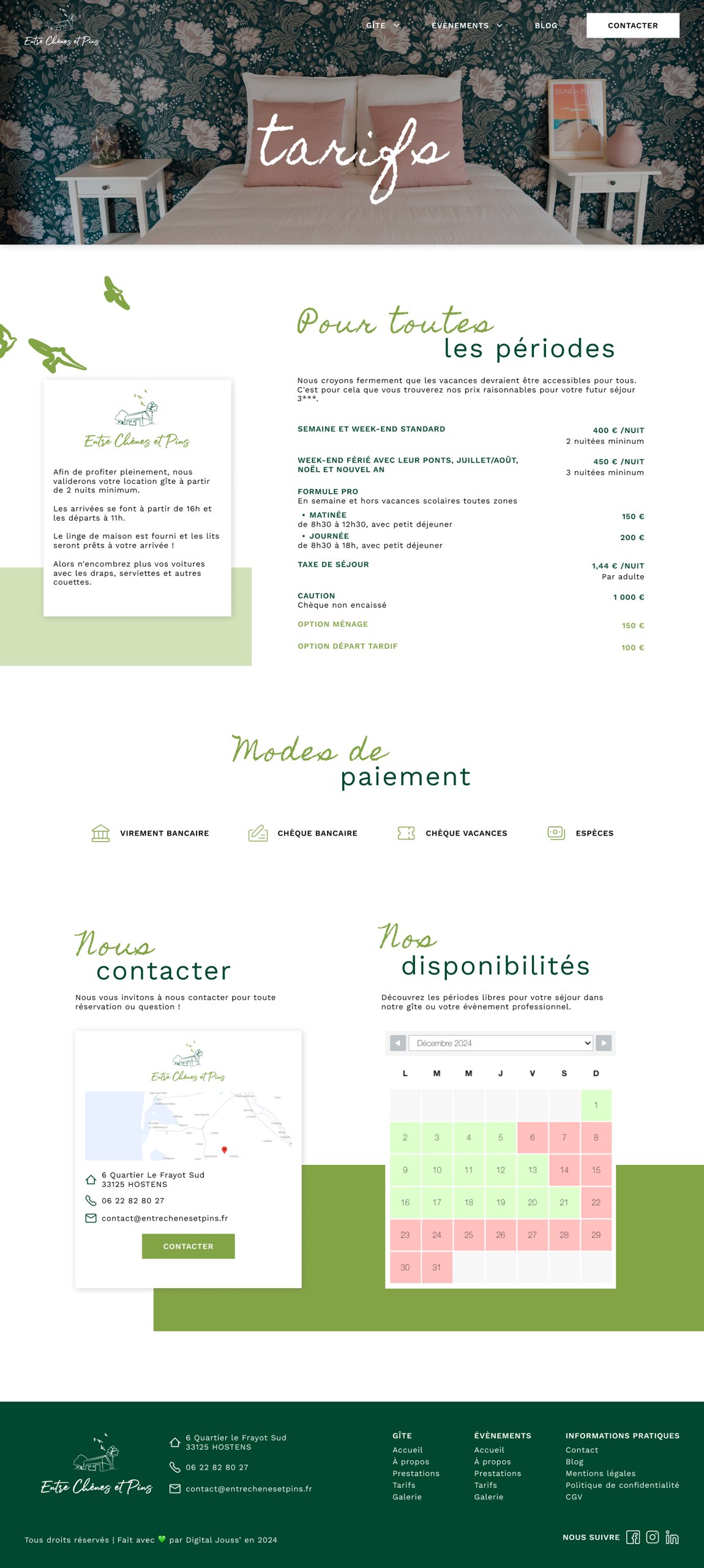 Entre Chênes et Pins — page des tarifs et disponibilités