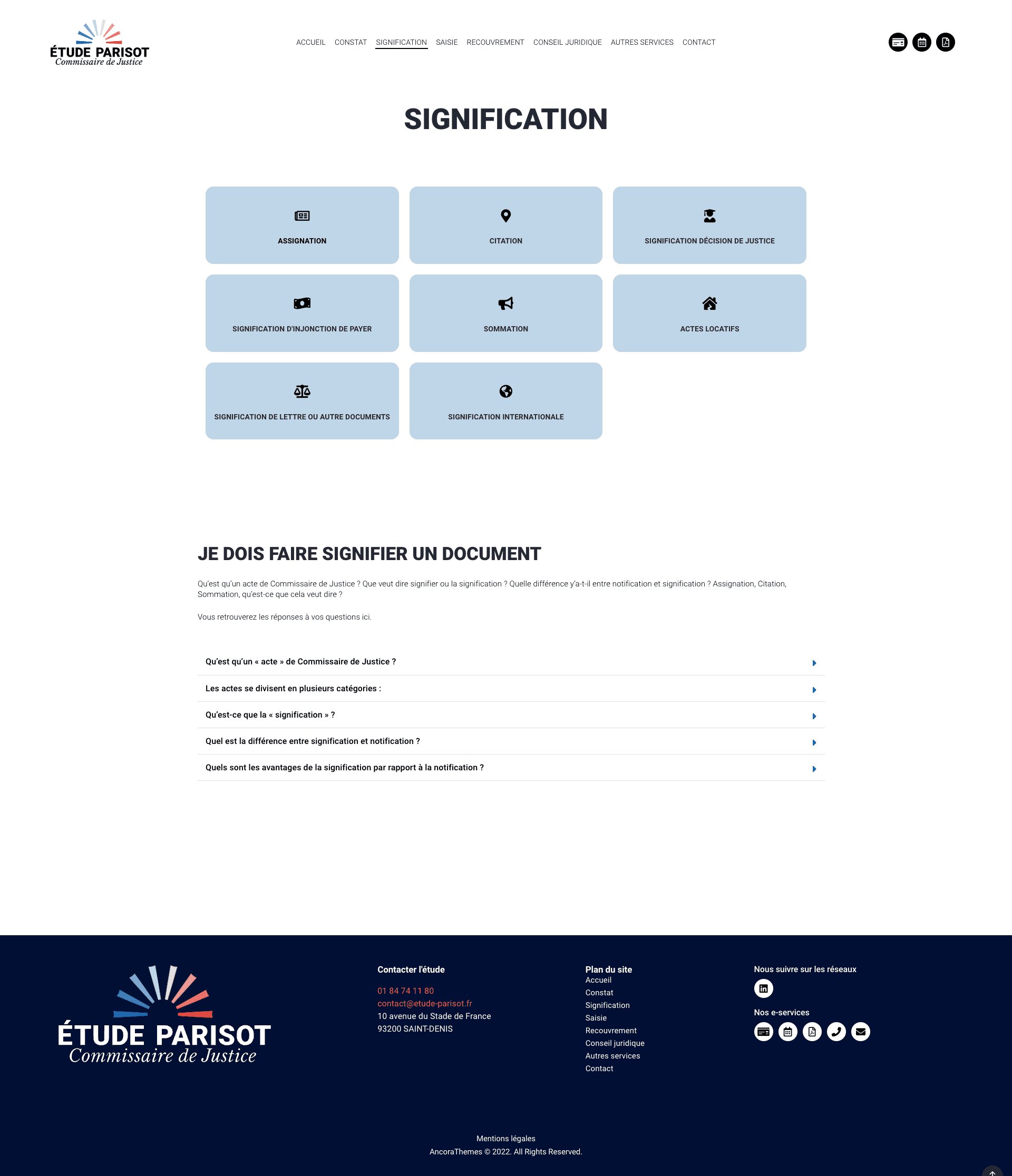 Étude Parisot — page Signification avec tuiles de services et questions fréquentes