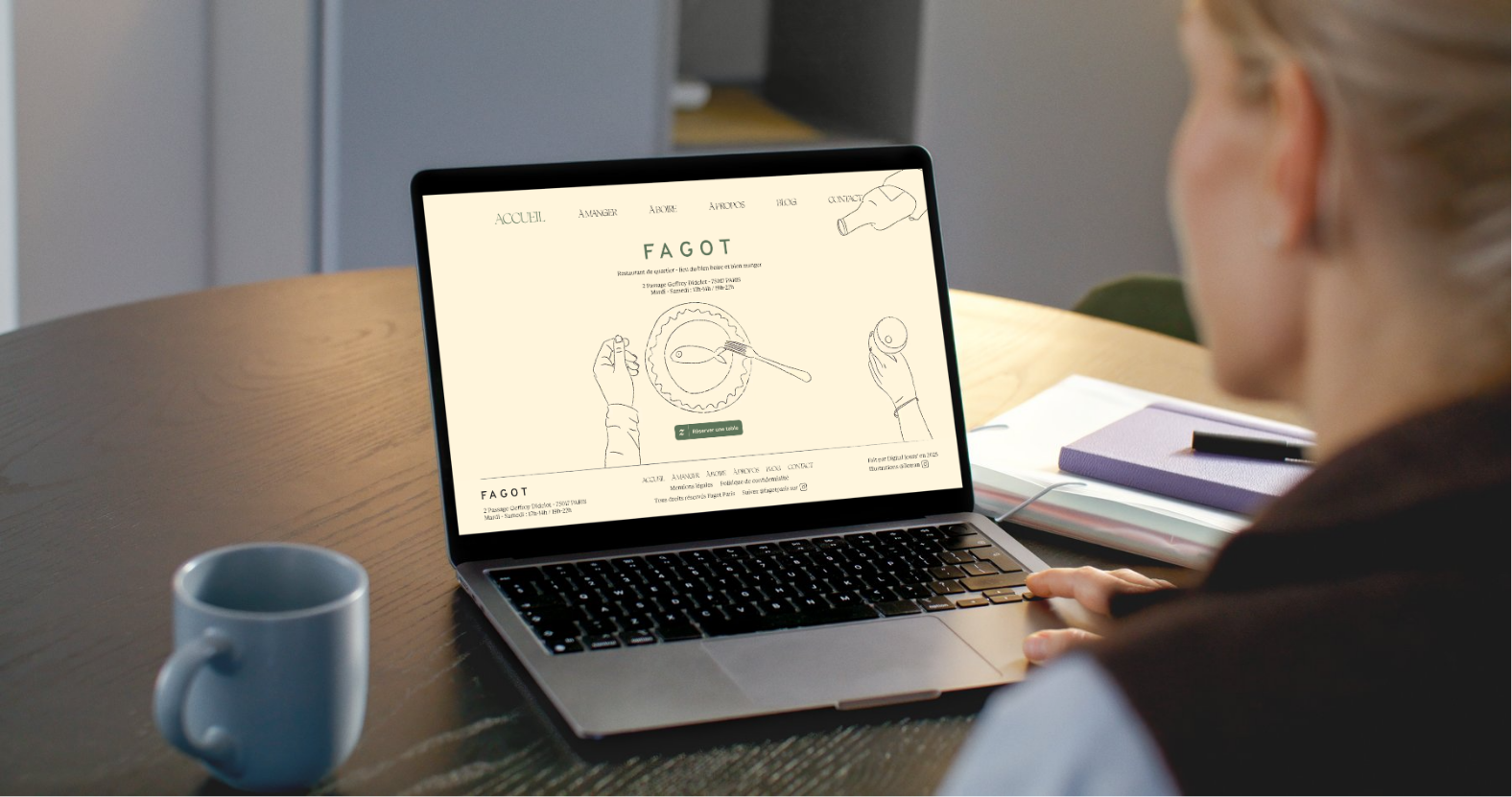 Fagot — maquette du site du restaurant affichée sur un ordinateur portable