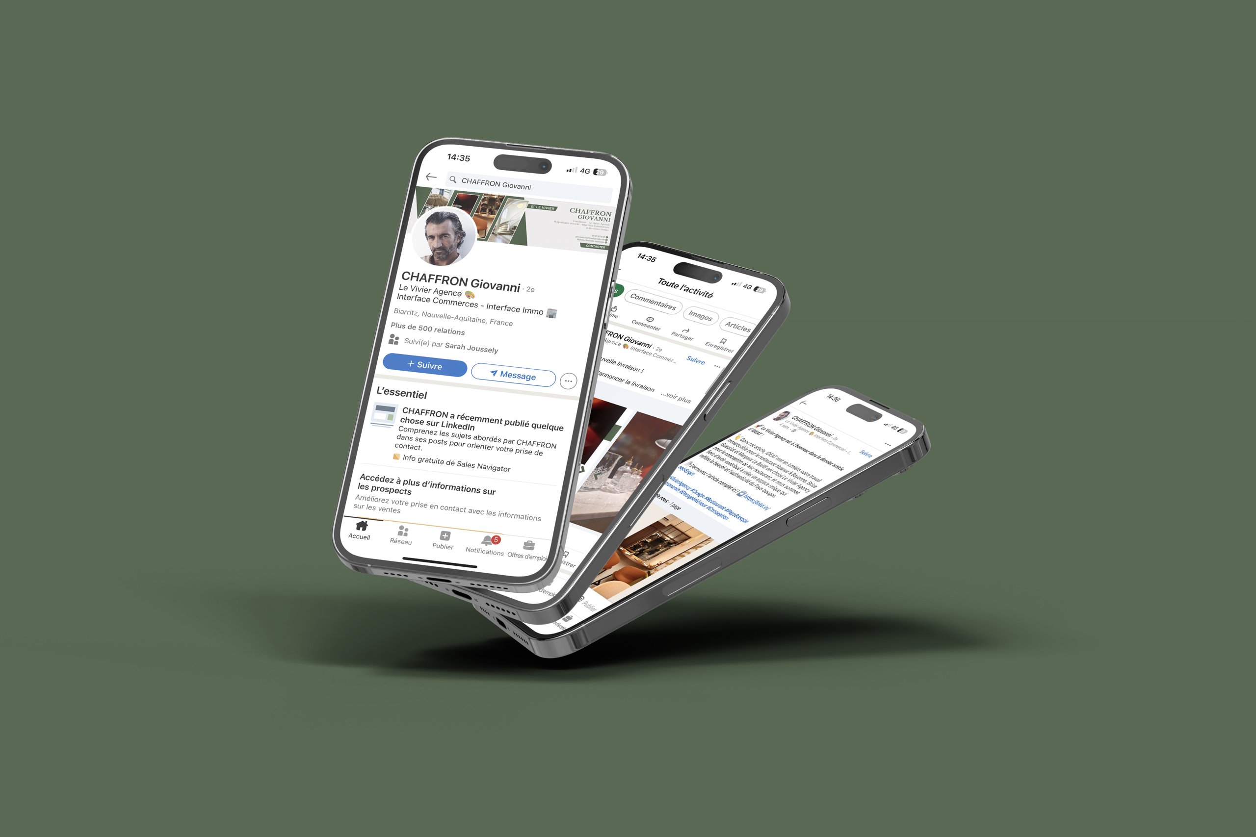 Giovanni Chaffron — trois écrans LinkedIn sur fond vert