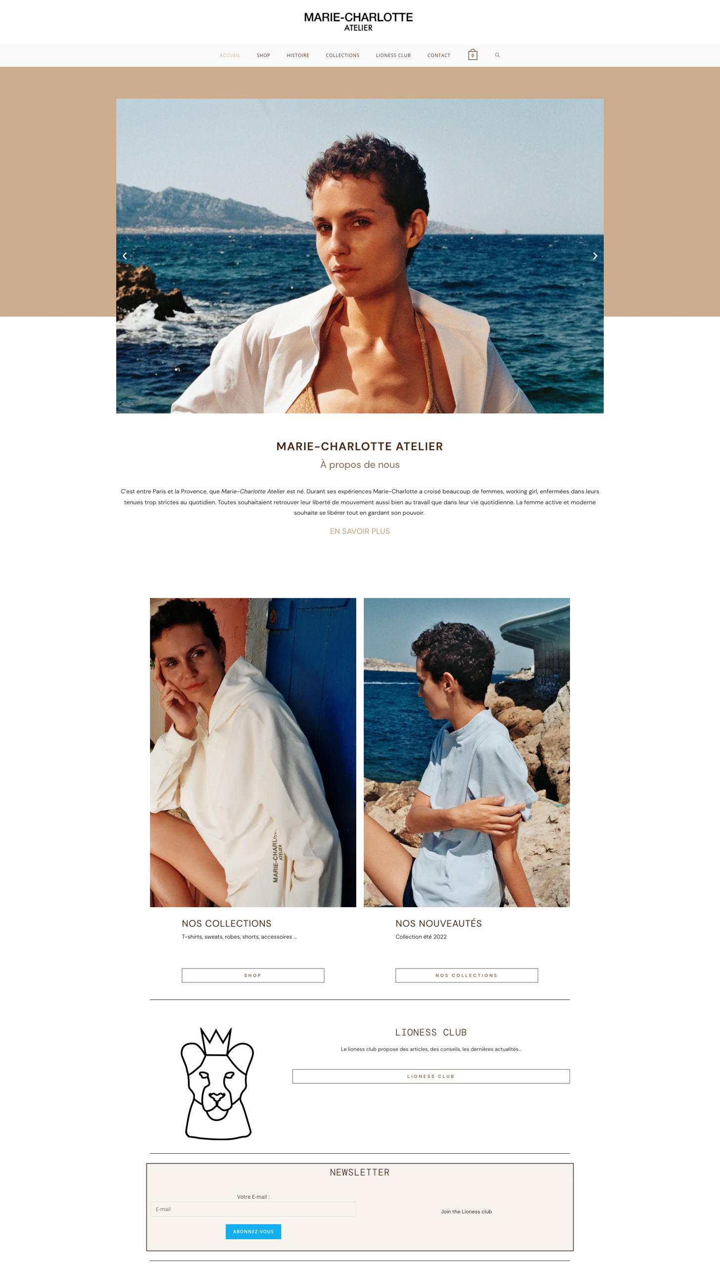 Marie-Charlotte Atelier — page d'accueil avec photos de mode en bord de mer