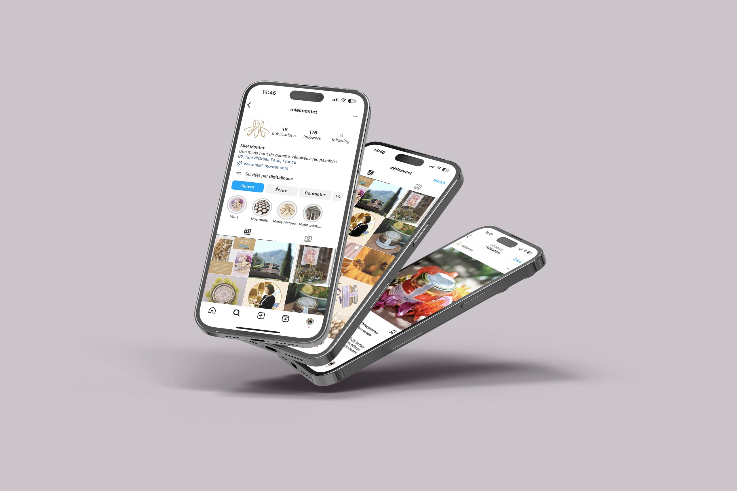Miel Montet — trois smartphones affichant le compte Instagram