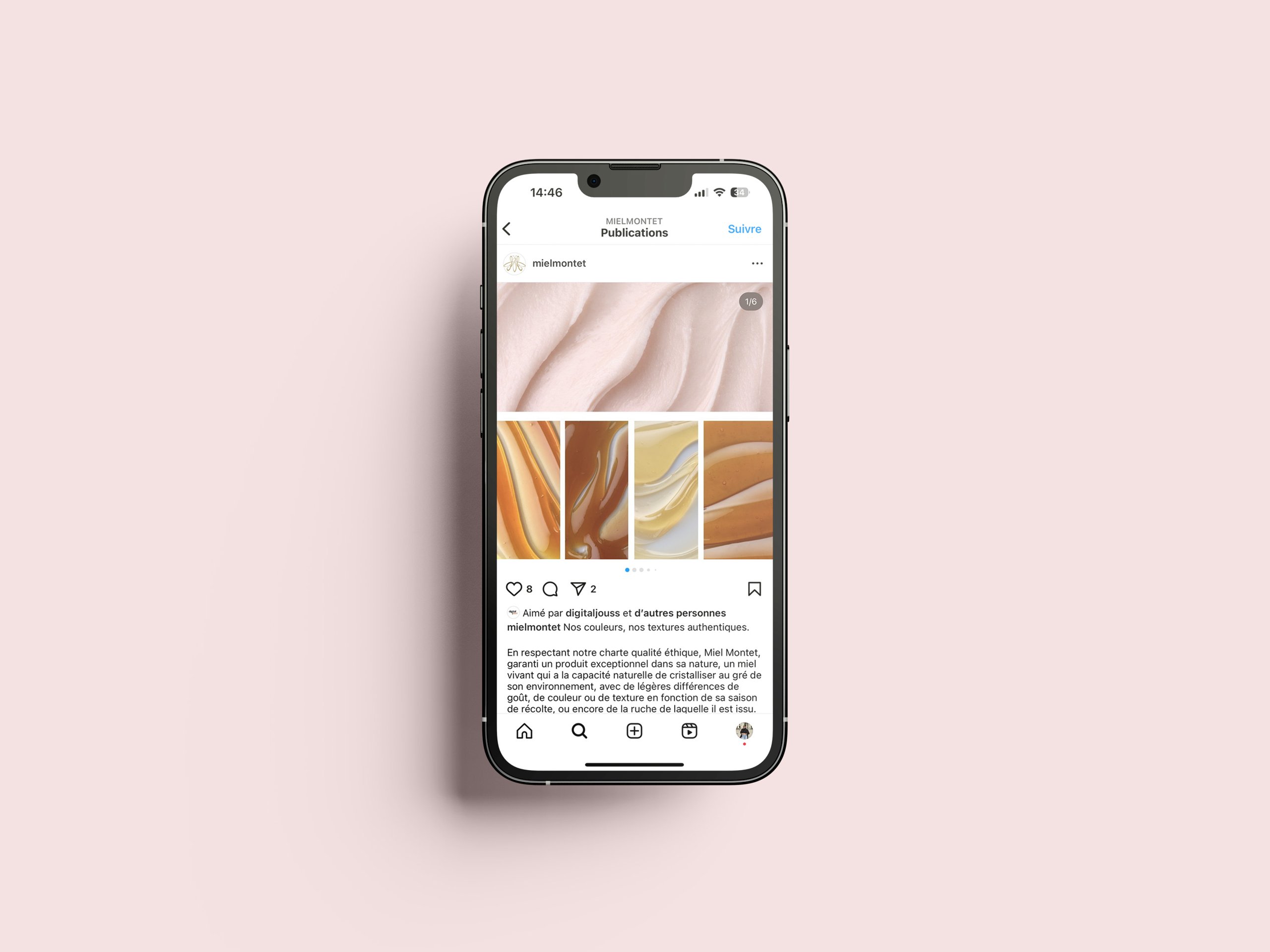 Miel Montet — publication aux textures dorées sur fond rose