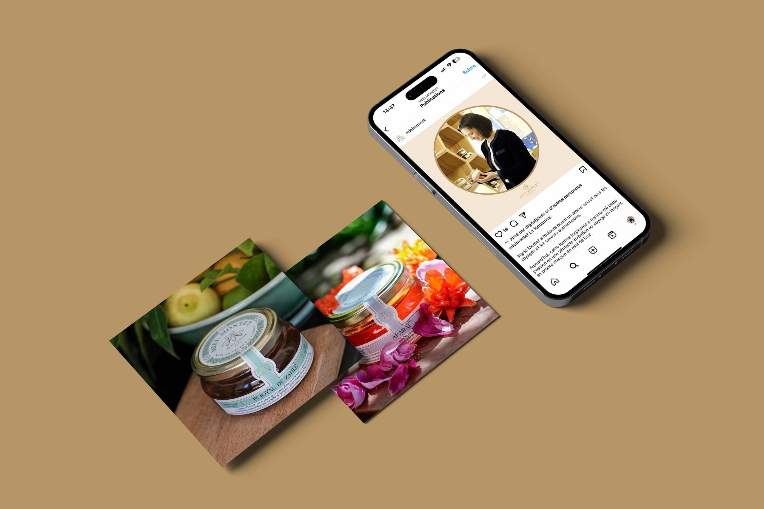 Miel Montet — publication Instagram de la fondatrice et photos de bocaux de miel