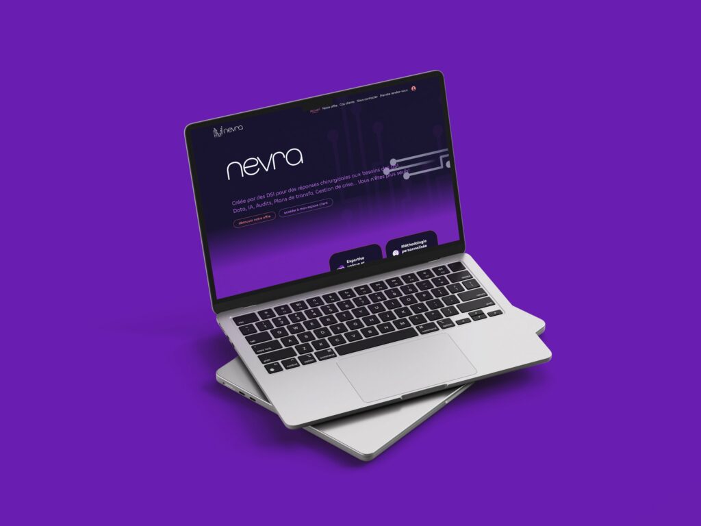 Nevra — page d'accueil du site sur un ordinateur portable