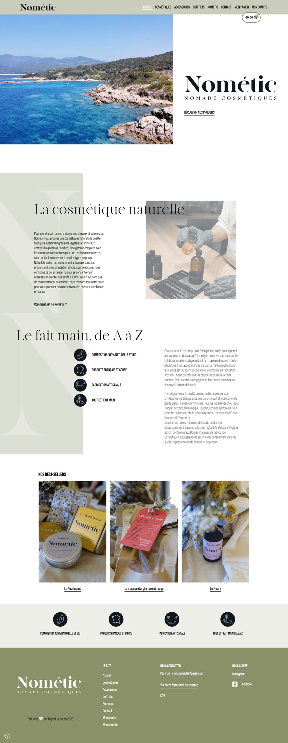 Nométic — page d'accueil avec paysage corse et présentation de la cosmétique naturelle