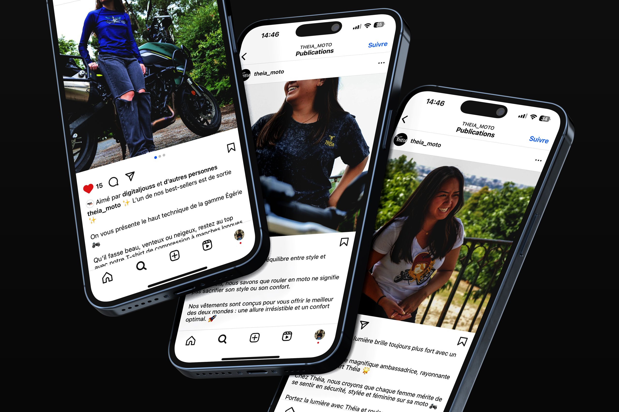 Theia Moto — publications de motardes sur trois écrans