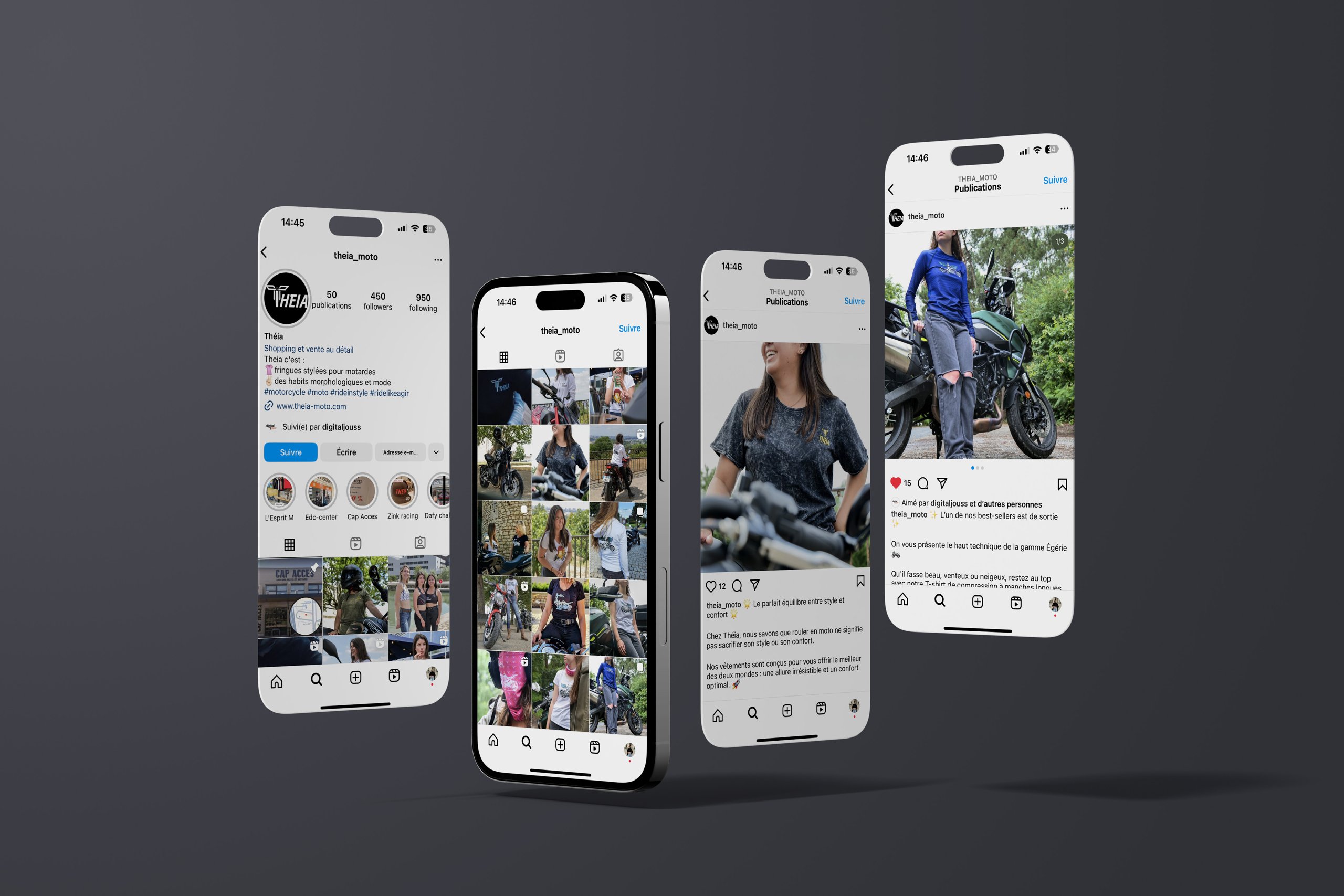 Theia Moto — profil et publications sur fond gris anthracite