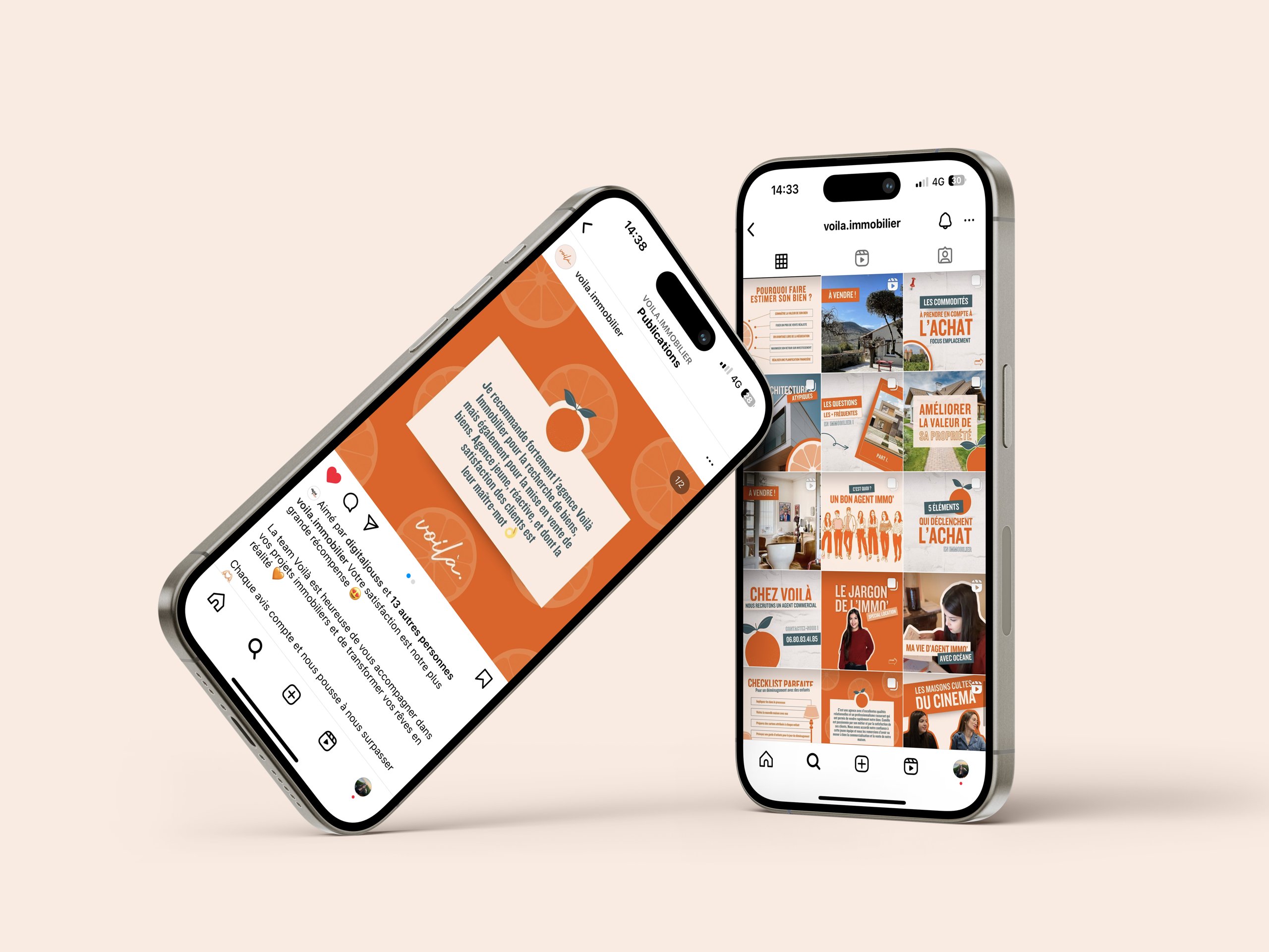 Voilà Immobilier — deux écrans présentant des publications de l'agence