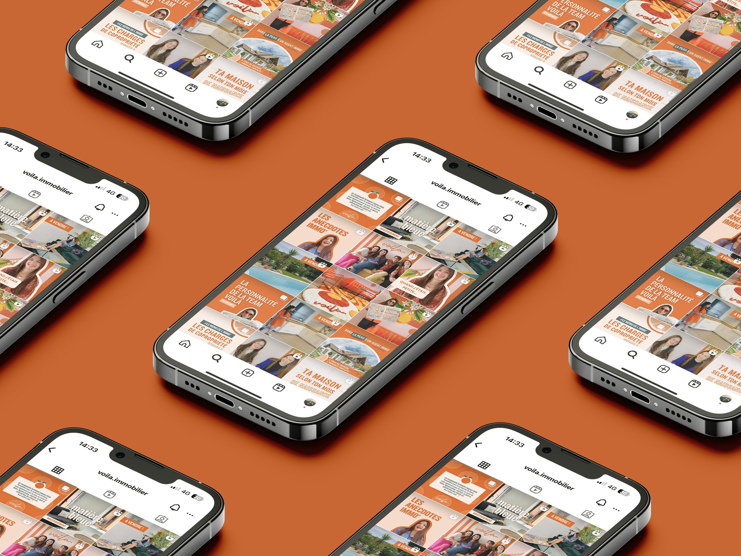 Voilà Immobilier — série de smartphones sur fond orange