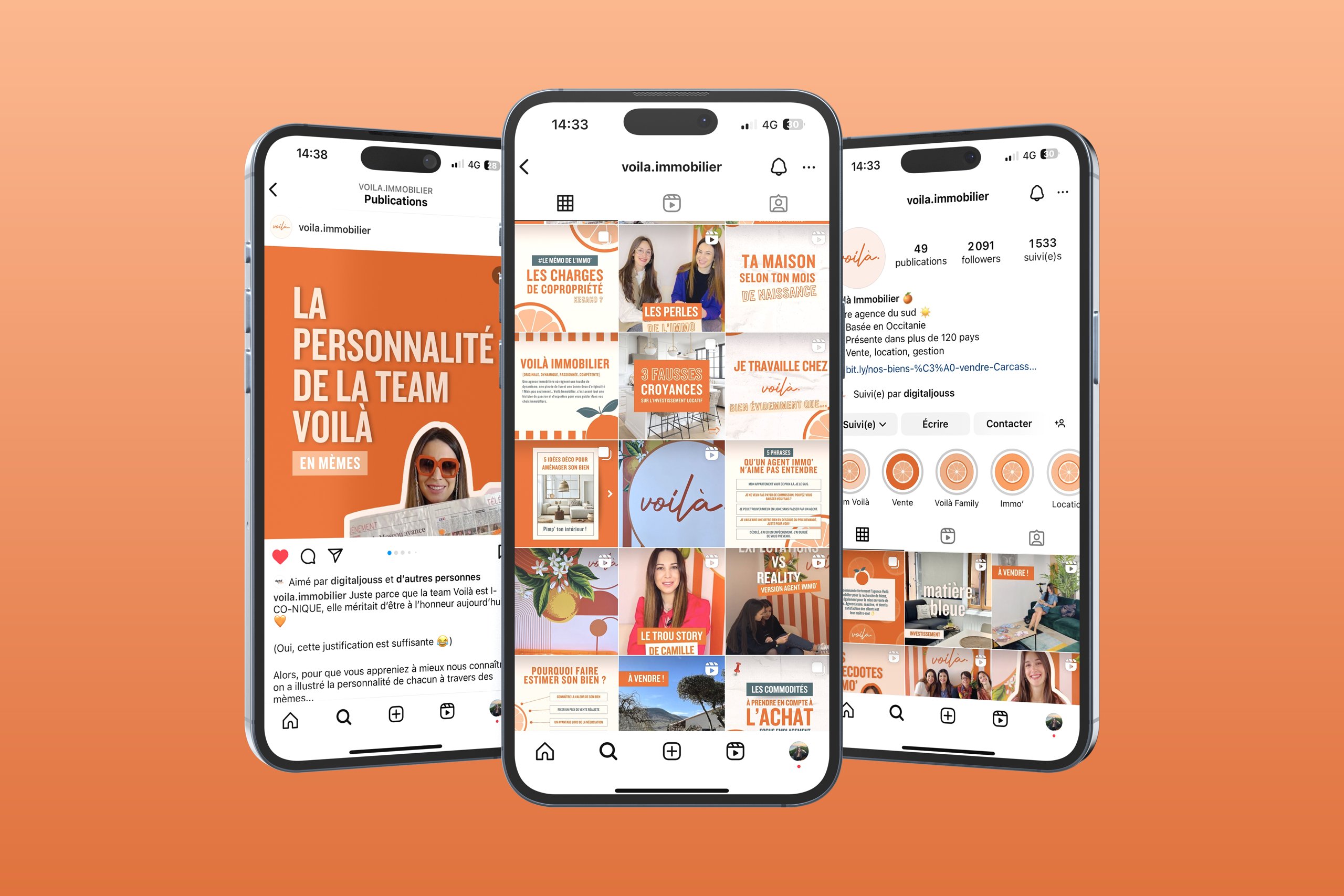 Voilà Immobilier — trois smartphones affichant le compte Instagram sur fond orange