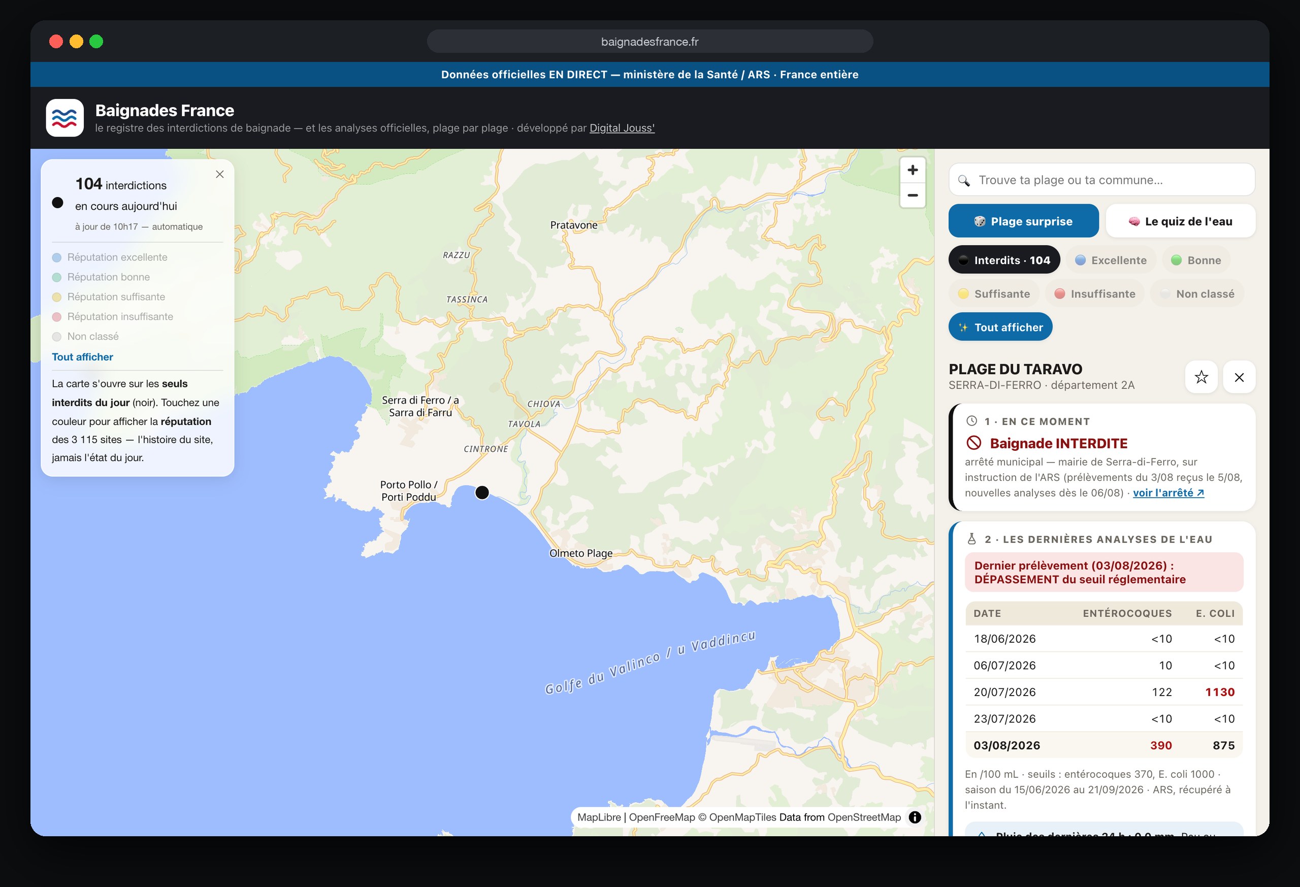 Baignades France 1 Baignades France : fiche de la plage du Taravo avec ses analyses