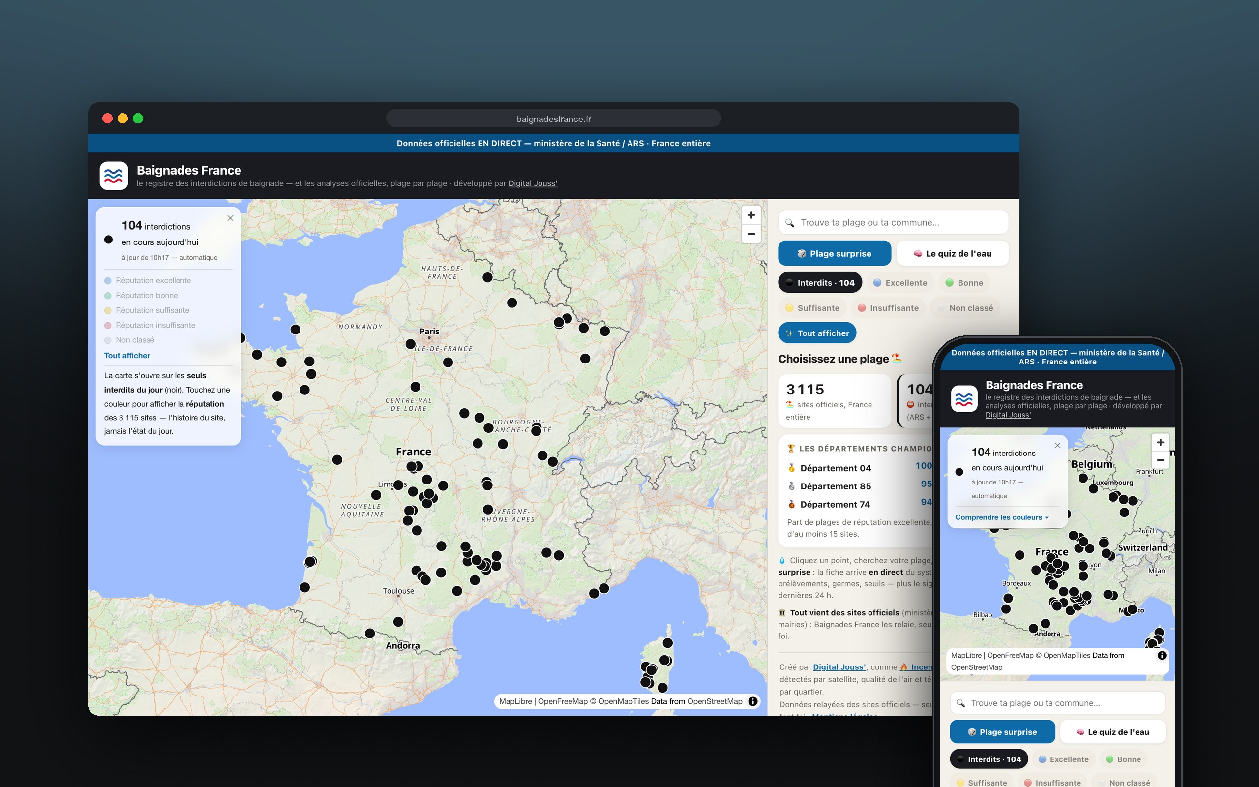 Baignades France : l’application présenté sur ordinateur et mobile