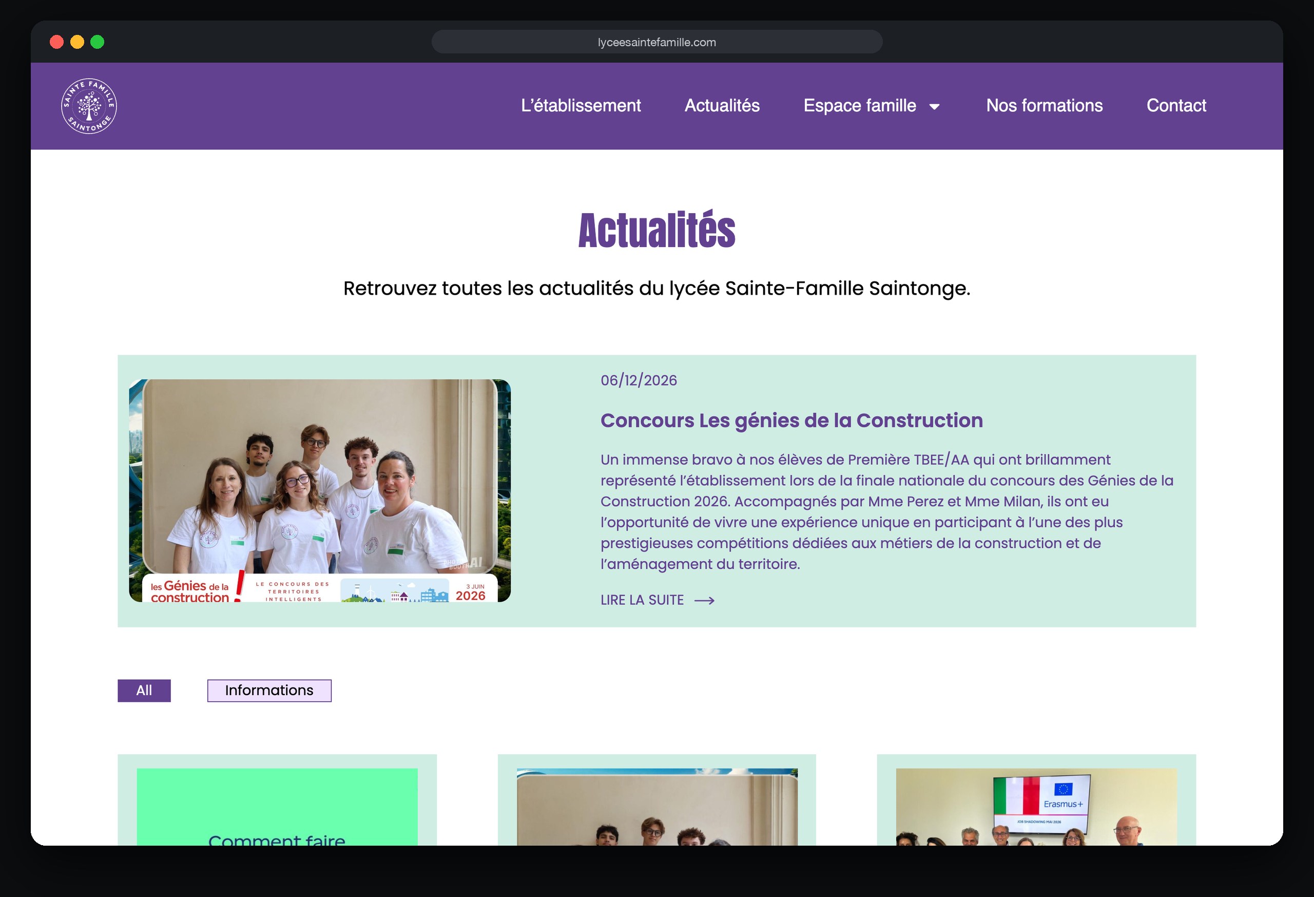 Lycée Sainte-Famille Saintonge : page Actualites